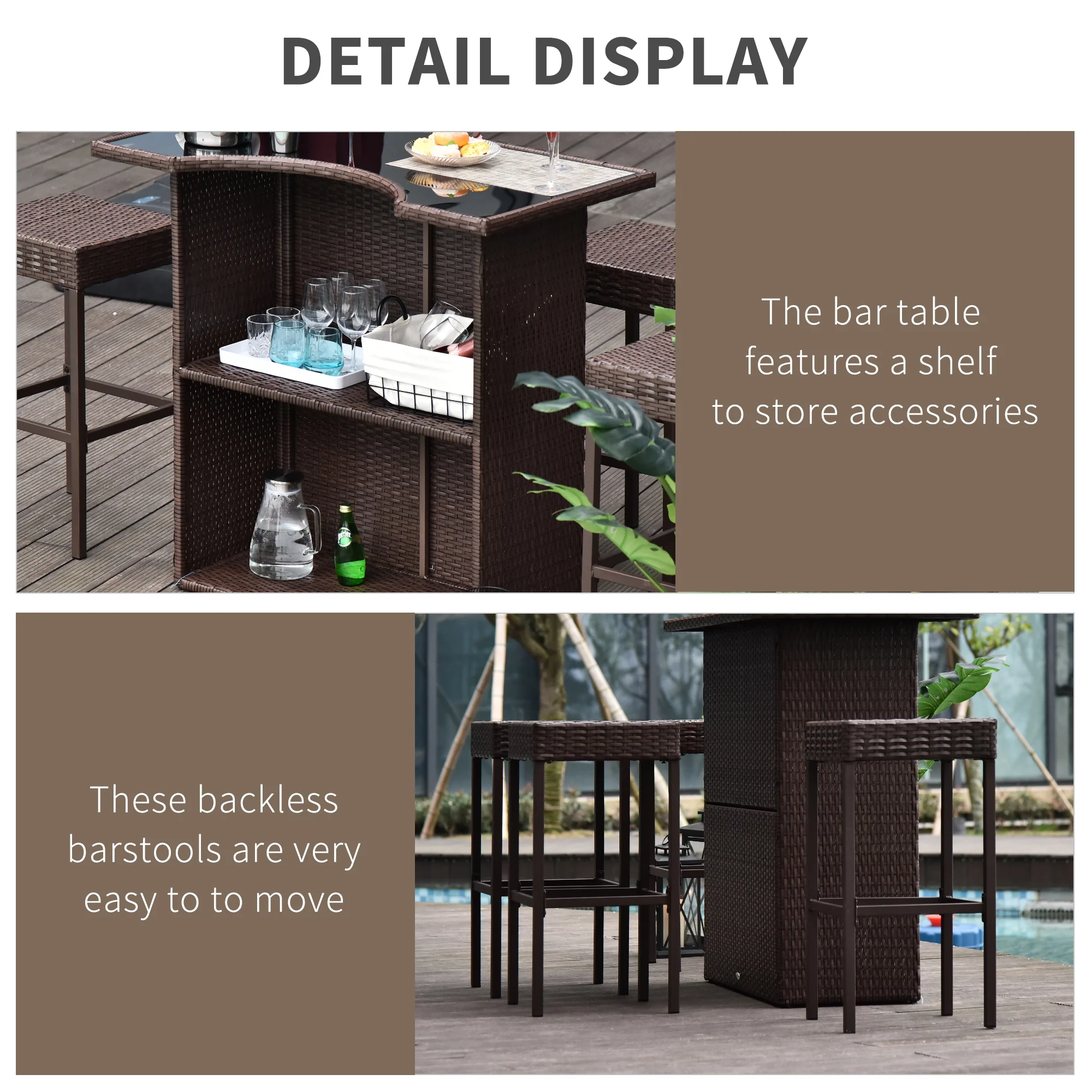 5 Pcs Rattan Wicker Bar Set with Glass Table Top 2 Tier Storage Shelf, and 4 Bar Stools, Dark Brown - Image 7
