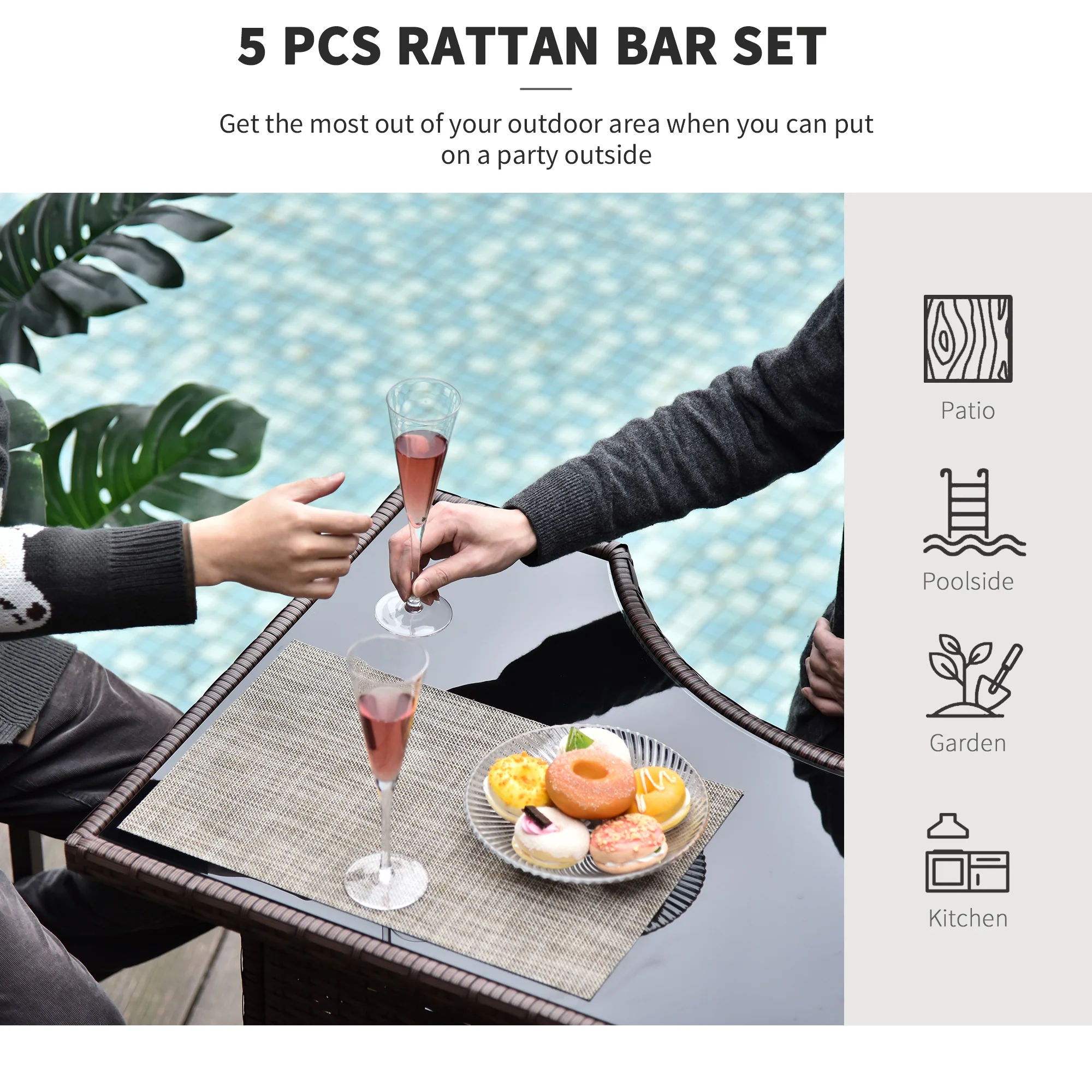 5 Pcs Rattan Wicker Bar Set with Glass Table Top 2 Tier Storage Shelf, and 4 Bar Stools, Dark Brown - Image 8