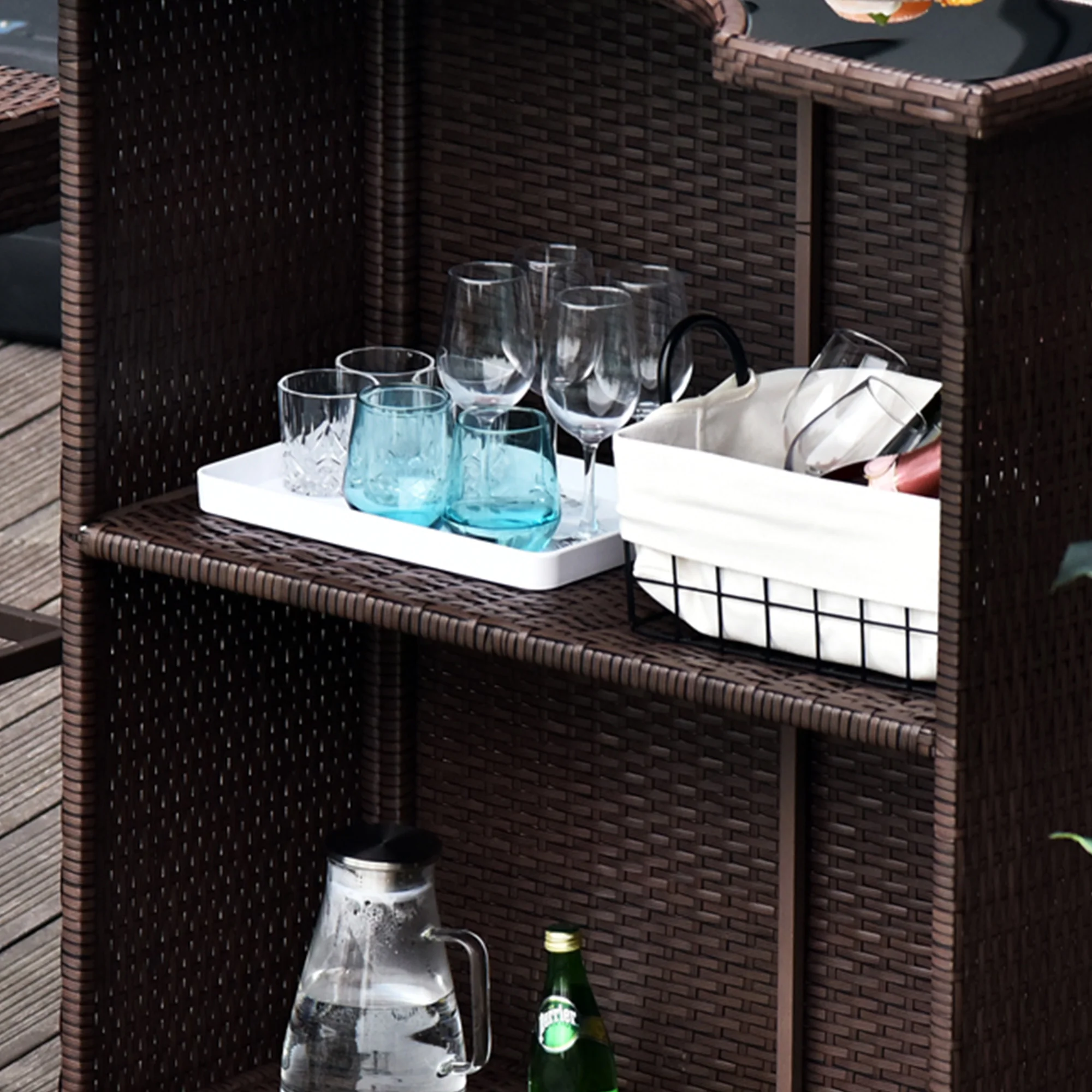 5 Pcs Rattan Wicker Bar Set with Glass Table Top 2 Tier Storage Shelf, and 4 Bar Stools, Dark Brown - Image 9