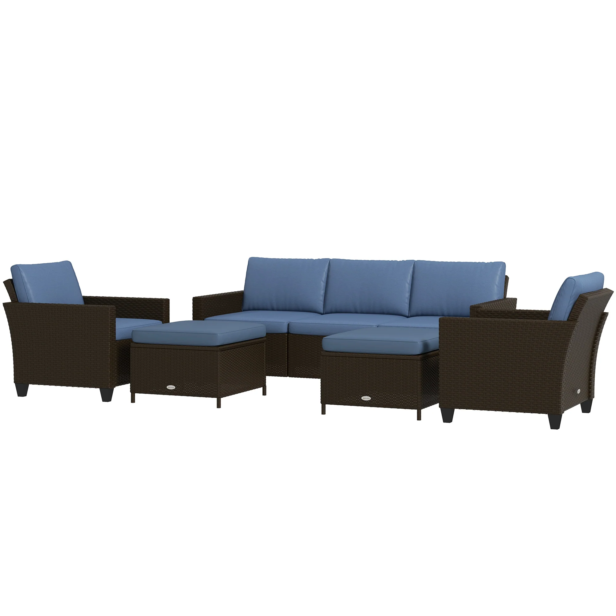 5-Piece Patio Furniture Set with PE Rattan Sofa, Armchairs, Footstools, Cushions, Deep Coffee - Image 2