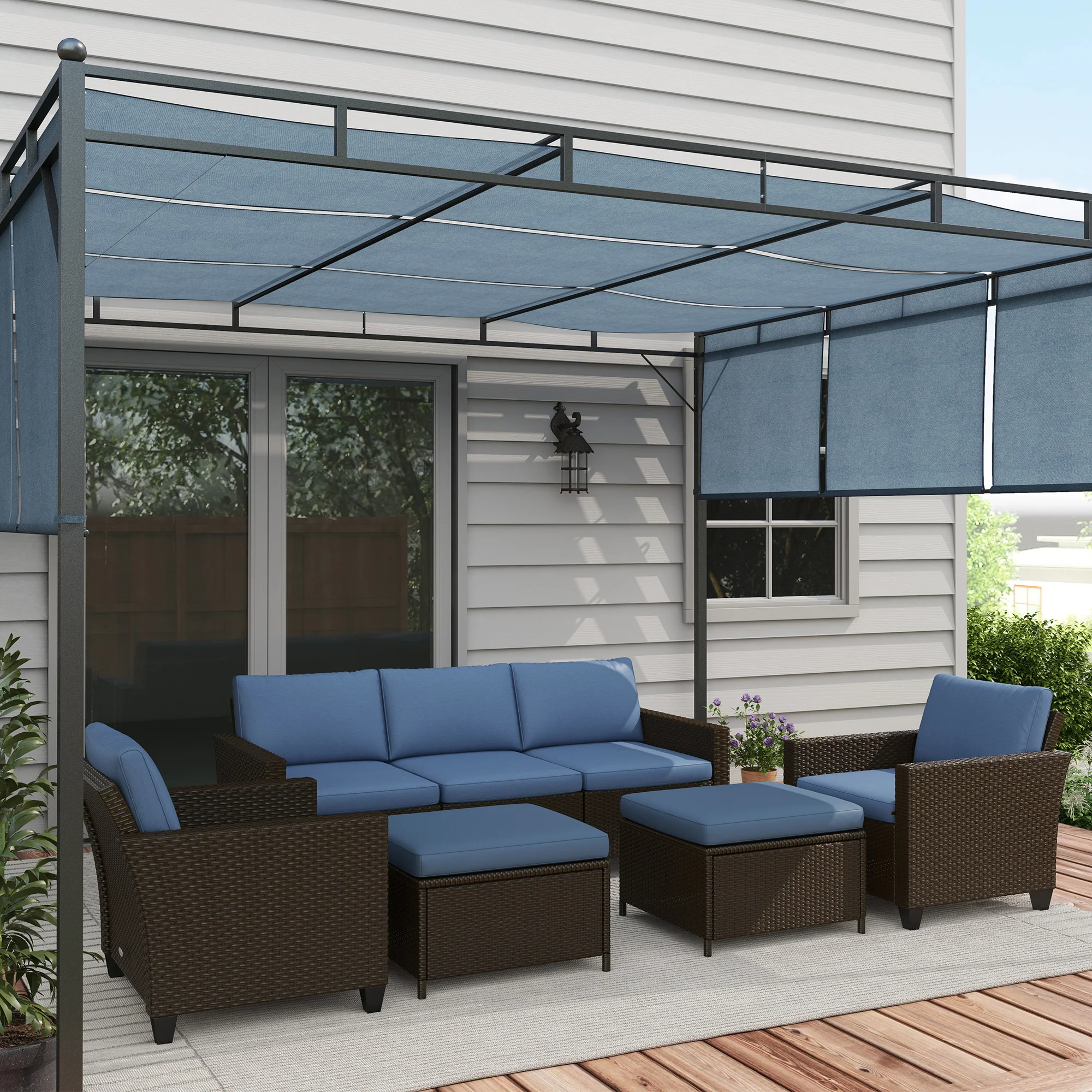 5-Piece Patio Furniture Set with PE Rattan Sofa, Armchairs, Footstools, Cushions, Deep Coffee - Image 3