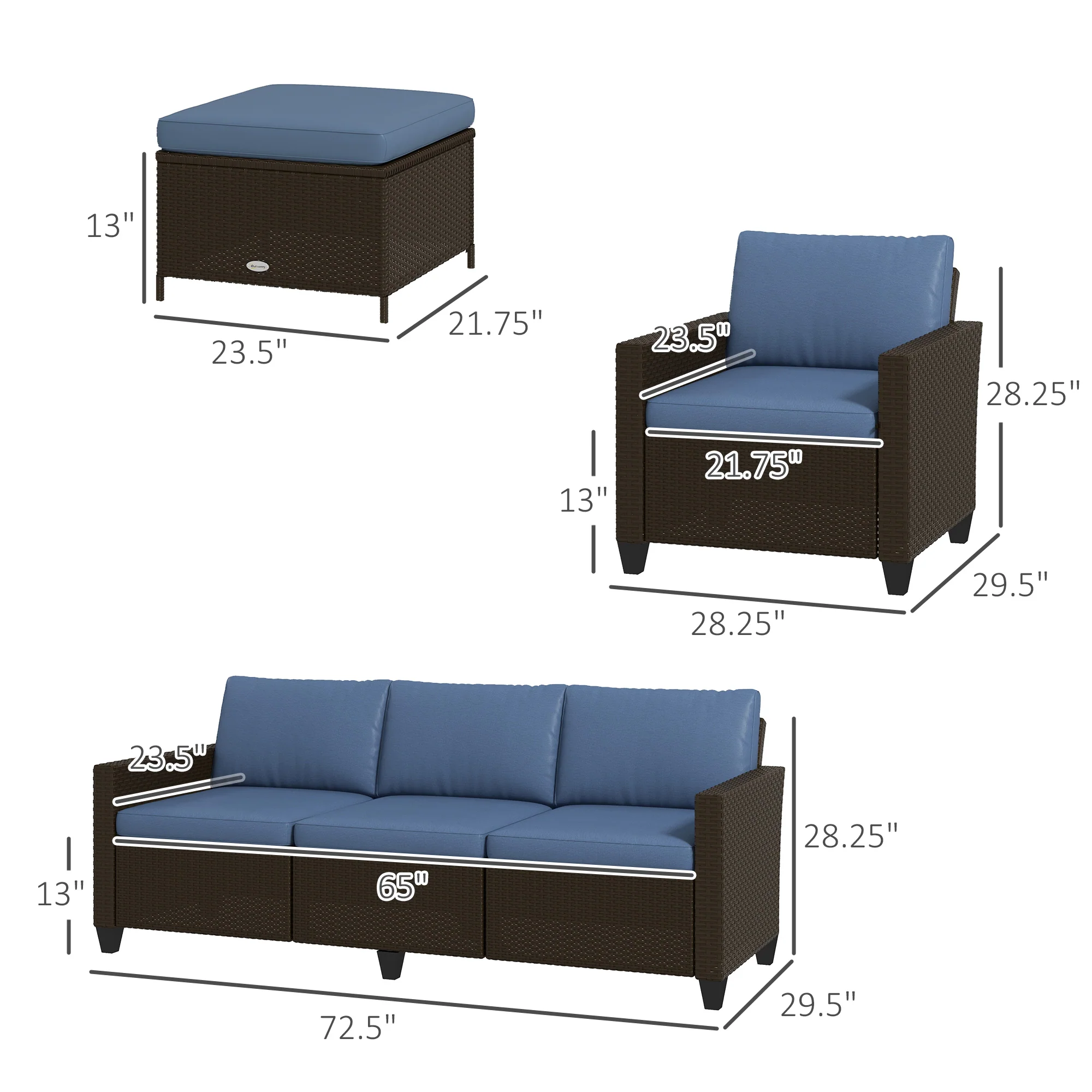 5-Piece Patio Furniture Set with PE Rattan Sofa, Armchairs, Footstools, Cushions, Deep Coffee - Image 5