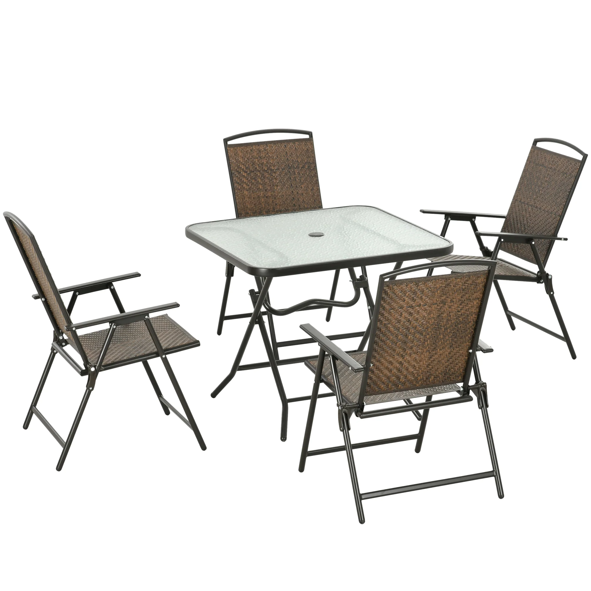 5 Pieces Wicker Patio Dining Set, Foldable Outdoor Table and Chairs, Dark Brown
