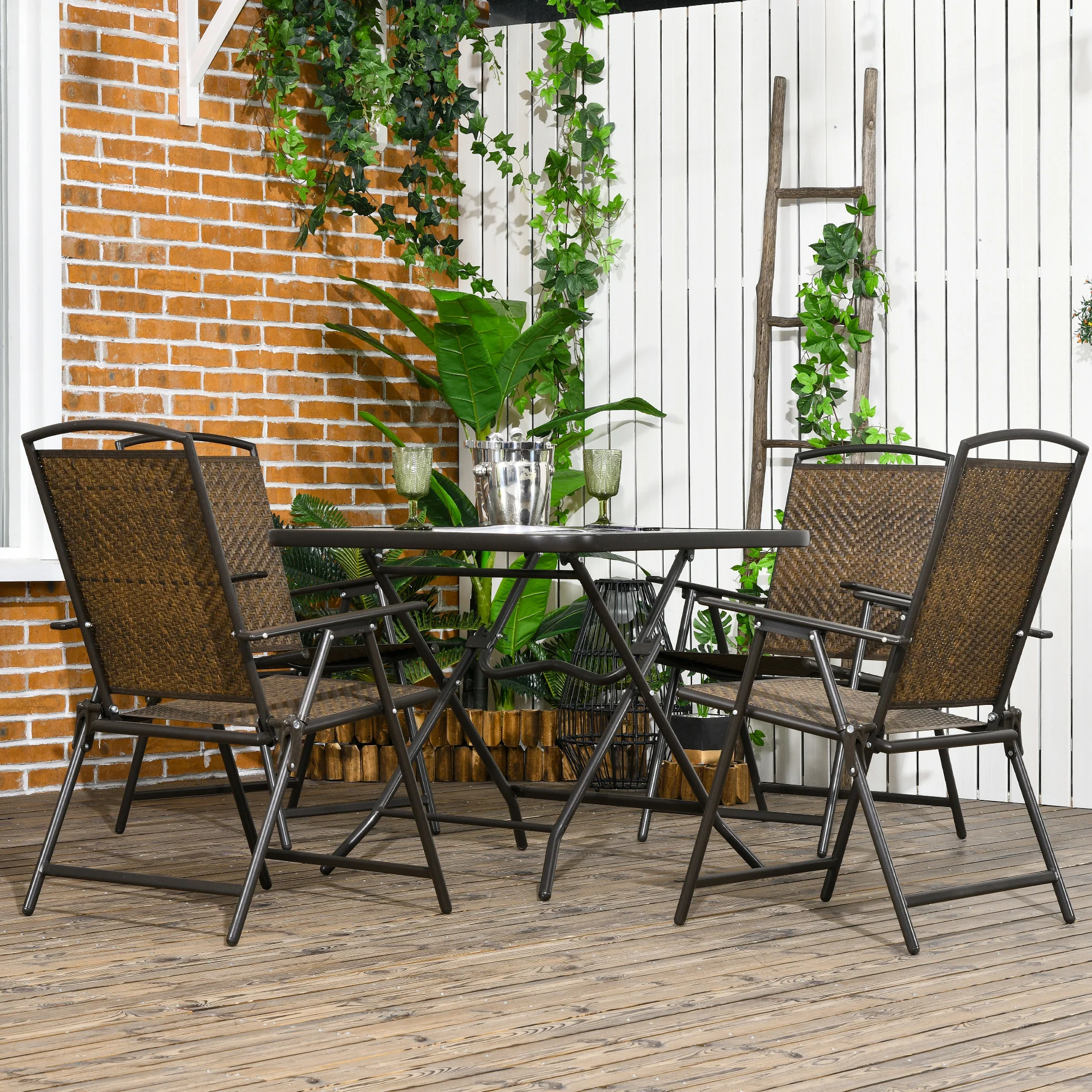 5 Pieces Wicker Patio Dining Set, Foldable Outdoor Table and Chairs, Dark Brown - Image 3