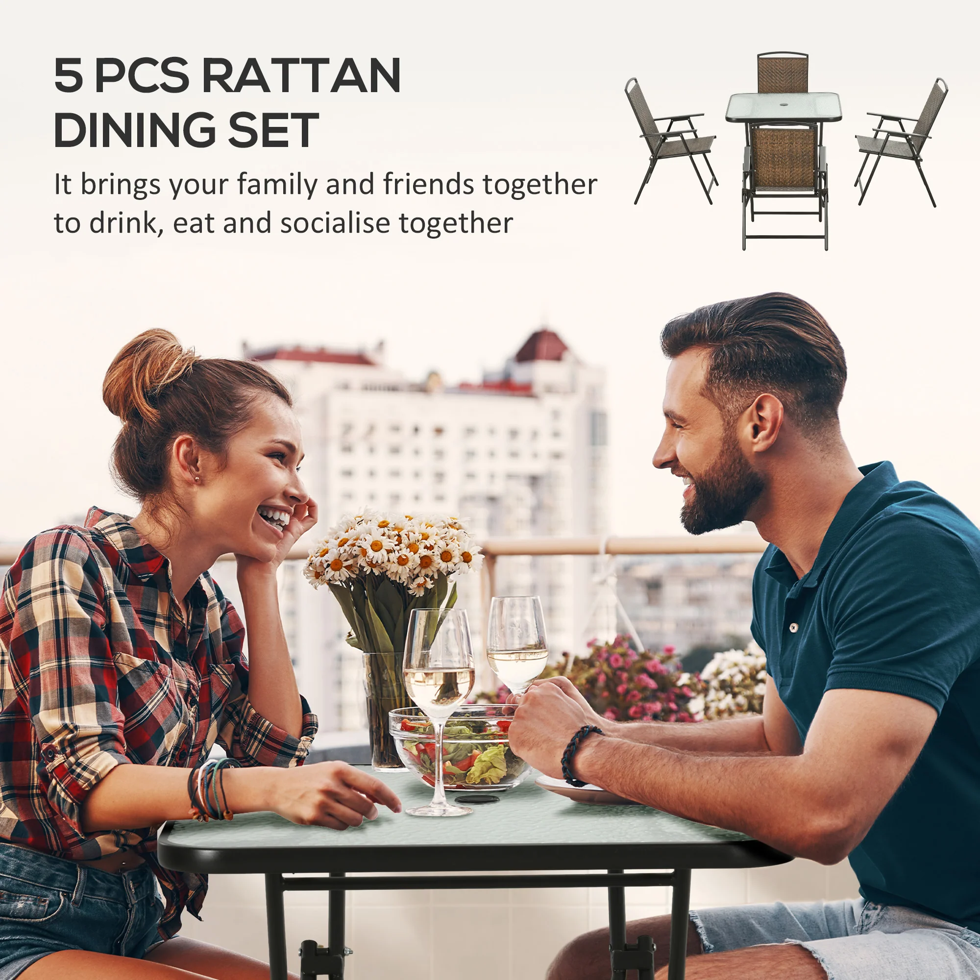5 Pieces Wicker Patio Dining Set, Foldable Outdoor Table and Chairs, Dark Brown - Image 6