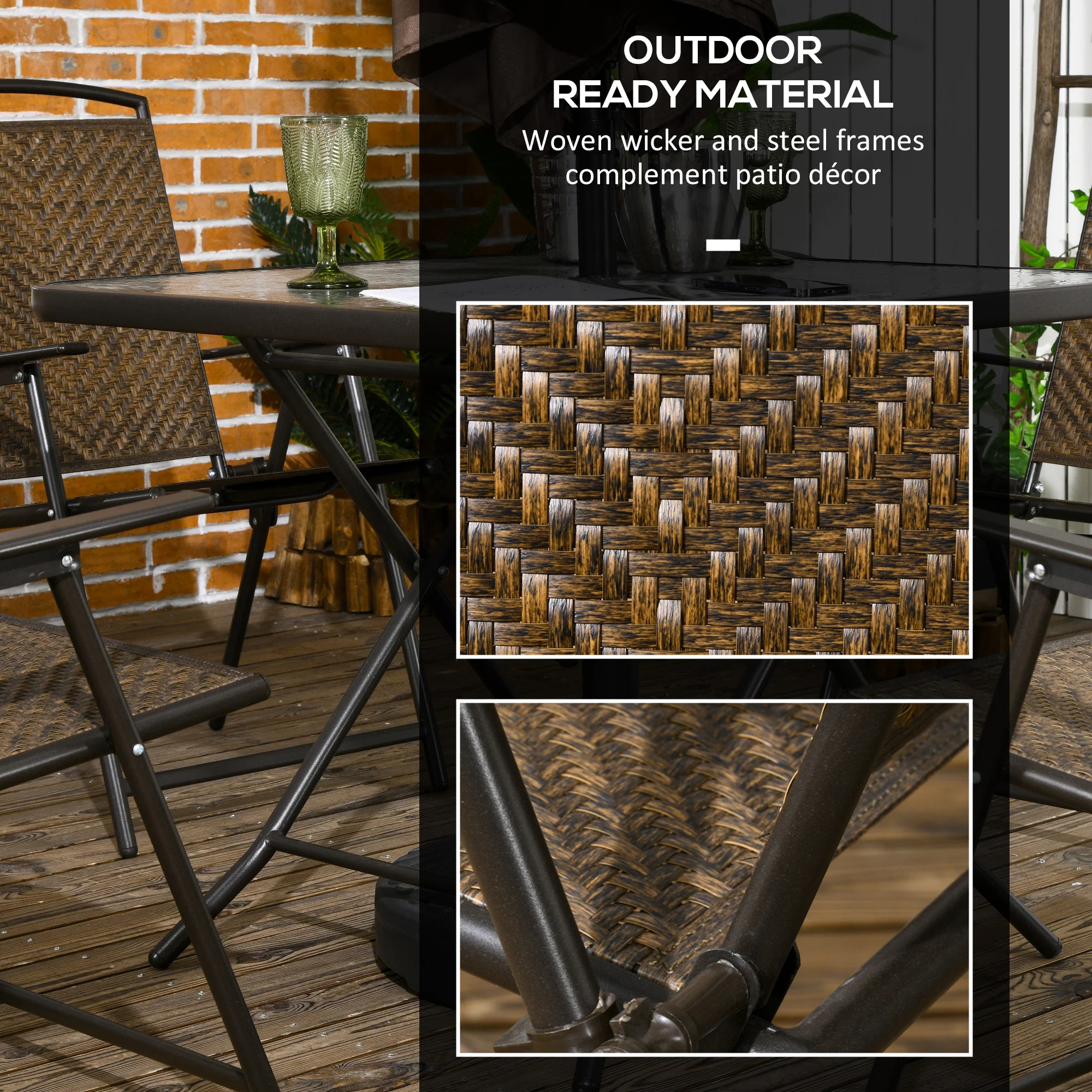 5 Pieces Wicker Patio Dining Set, Foldable Outdoor Table and Chairs, Dark Brown - Image 9