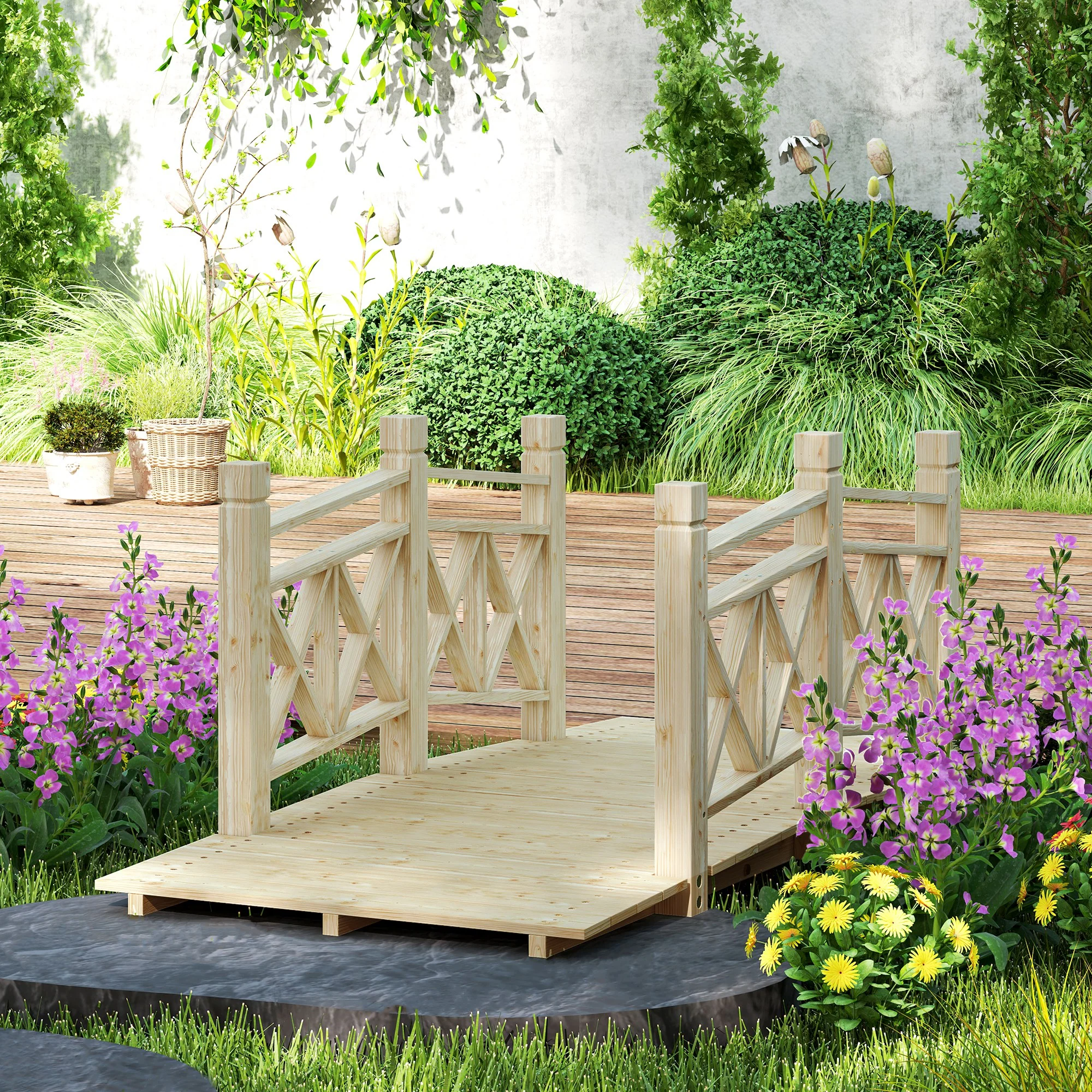 5' Wooden Garden Bridge with Safety Rails, Natural Wood Footbridge for Ponds & Streams - Image 3