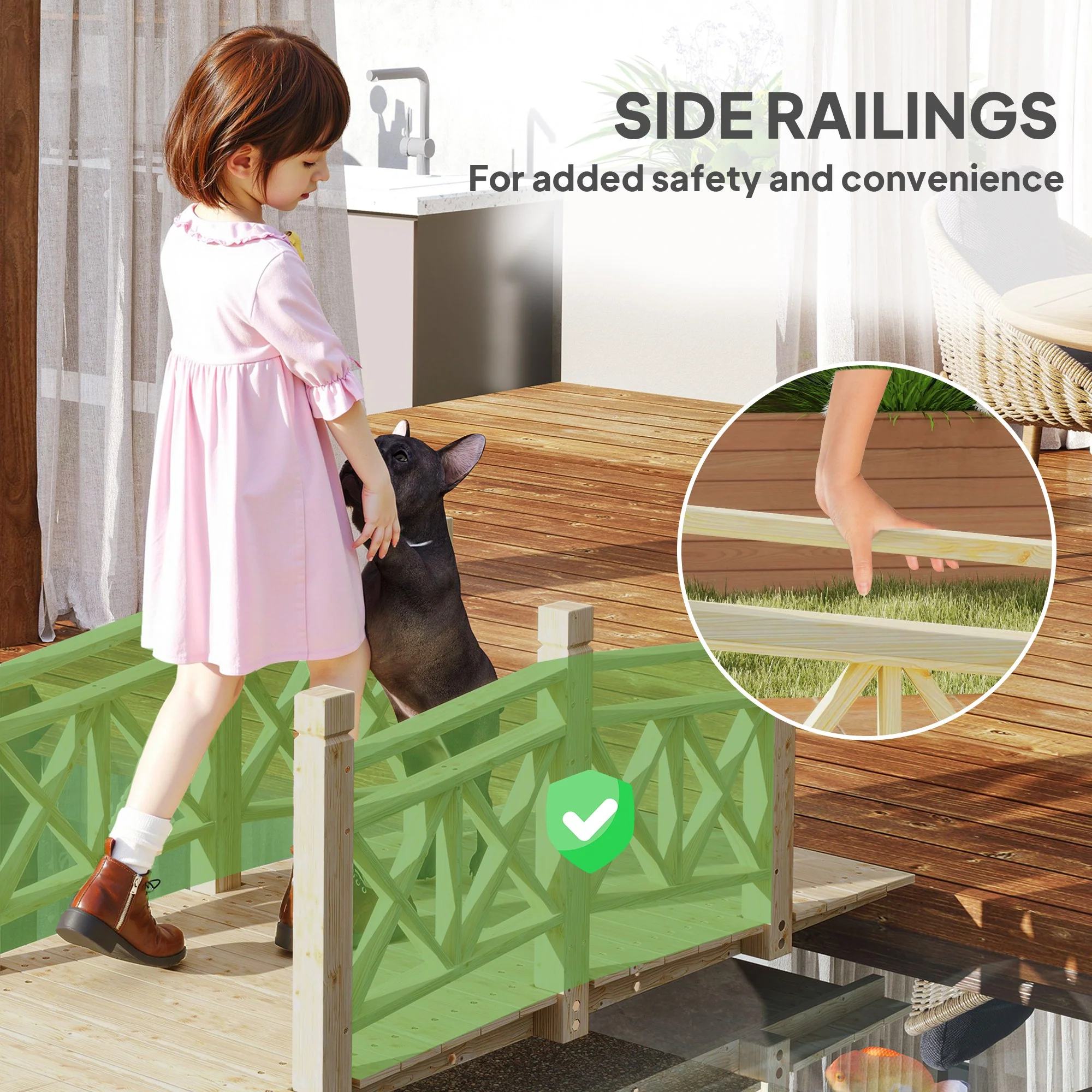 5' Wooden Garden Bridge with Safety Rails, Natural Wood Footbridge for Ponds & Streams - Image 6