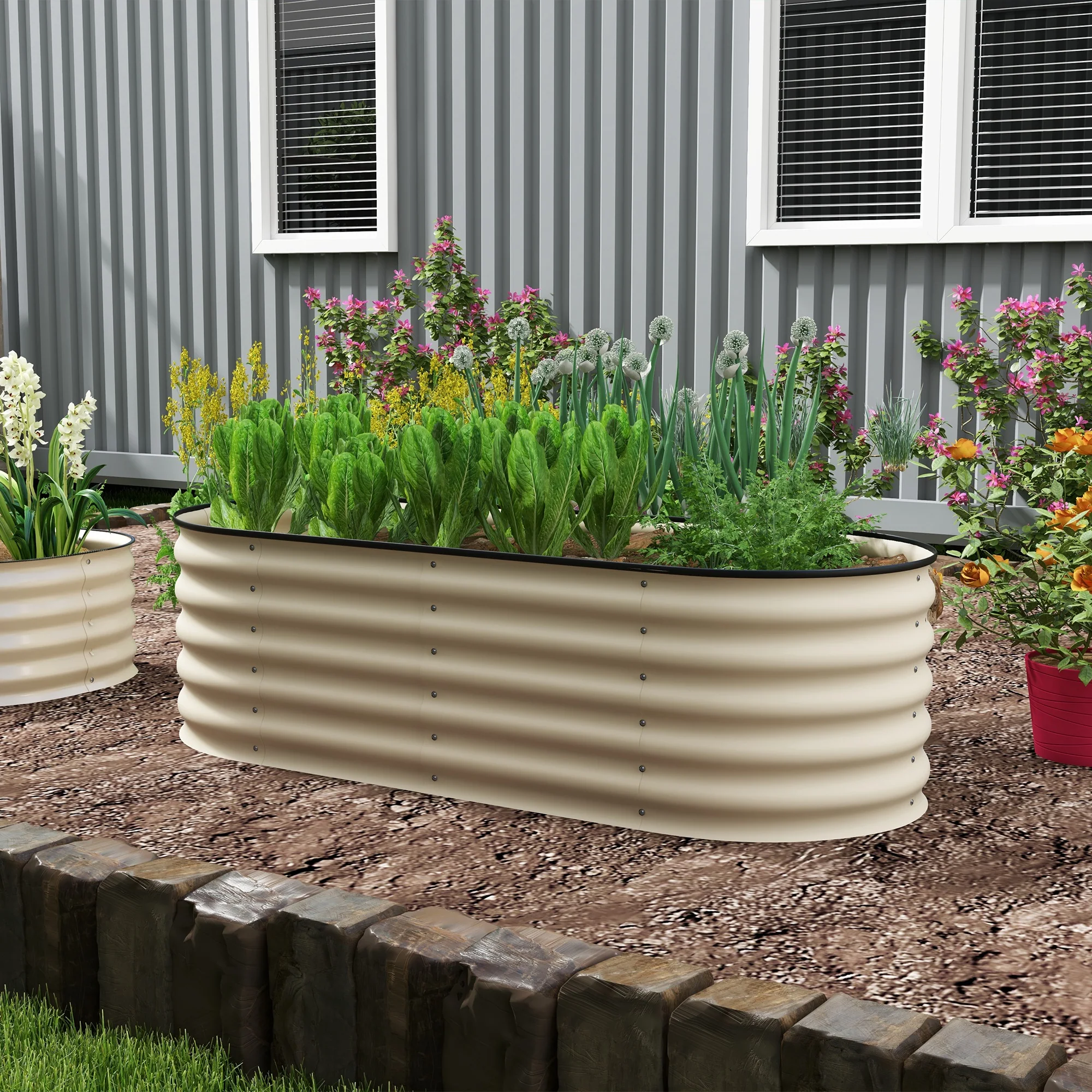 5' x 2' x 1.4' Galvanized Raised Garden Bed Kit, Easy DIY Stock Tank for Growing Flowers, Herbs & Vegetables, Cream - Image 4