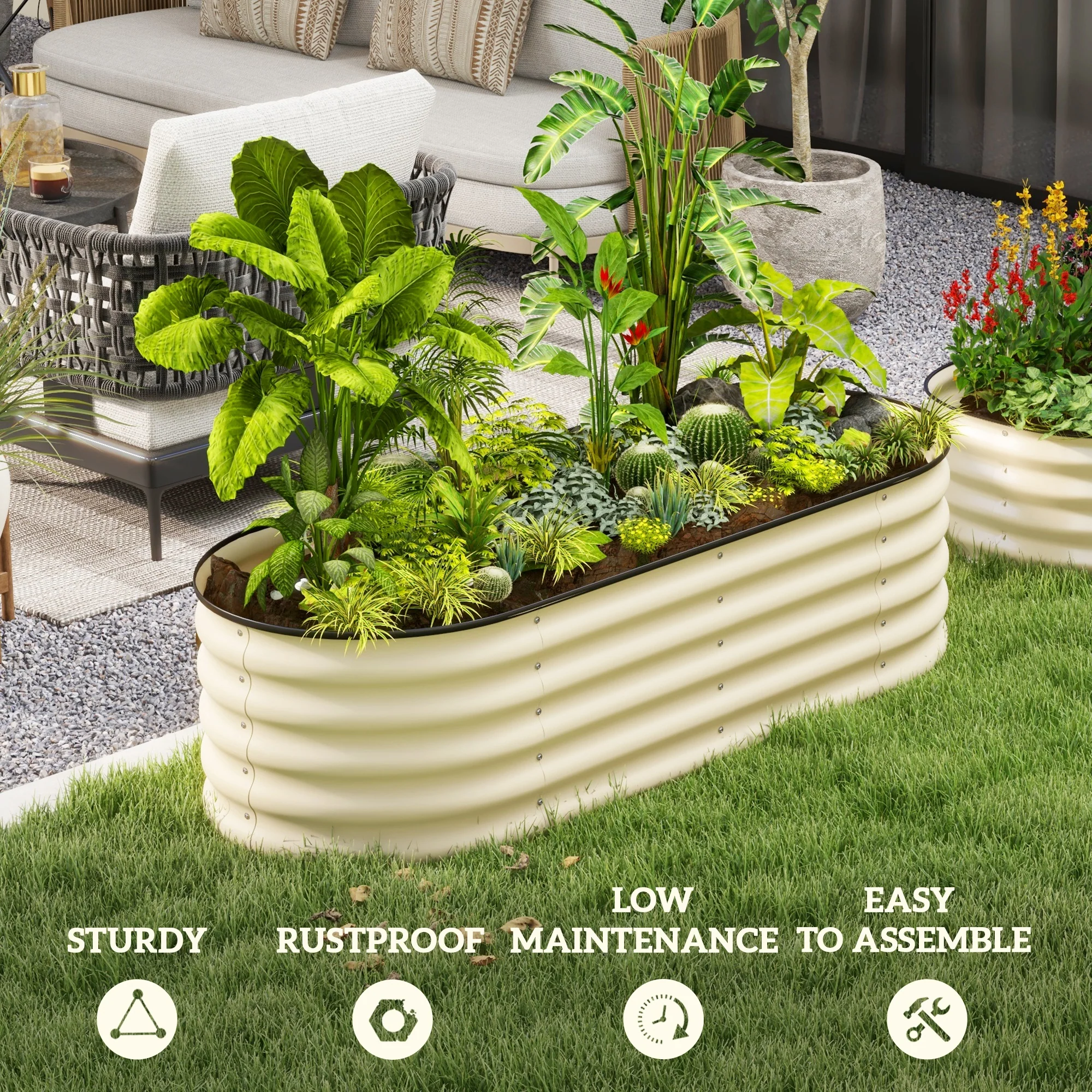 5' x 2' x 1.4' Galvanized Raised Garden Bed Kit, Easy DIY Stock Tank for Growing Flowers, Herbs & Vegetables, Cream - Image 9