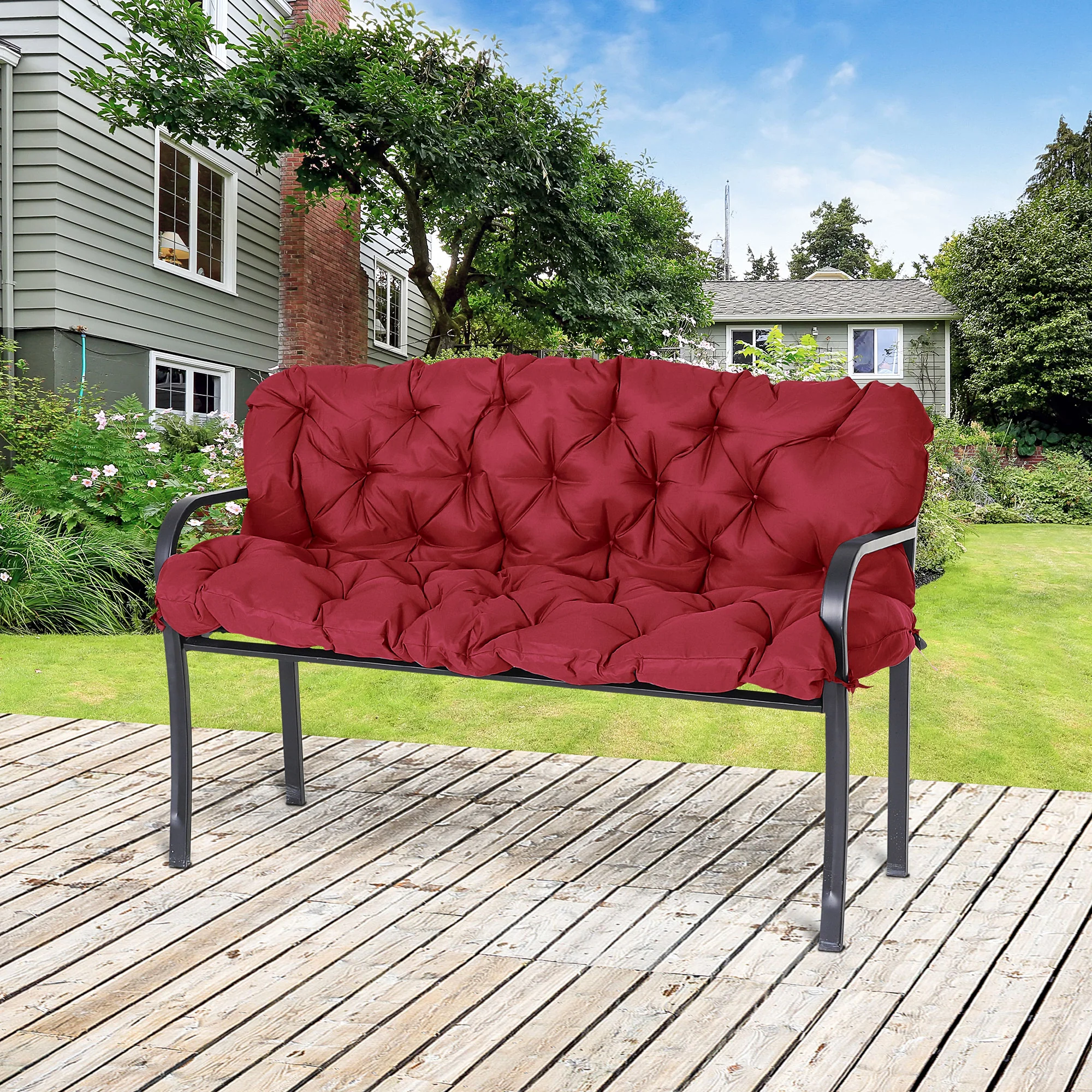 59"x38" Tufted Bench Cushion for 3-Seater Outdoor Furniture, Wine Red - Image 4