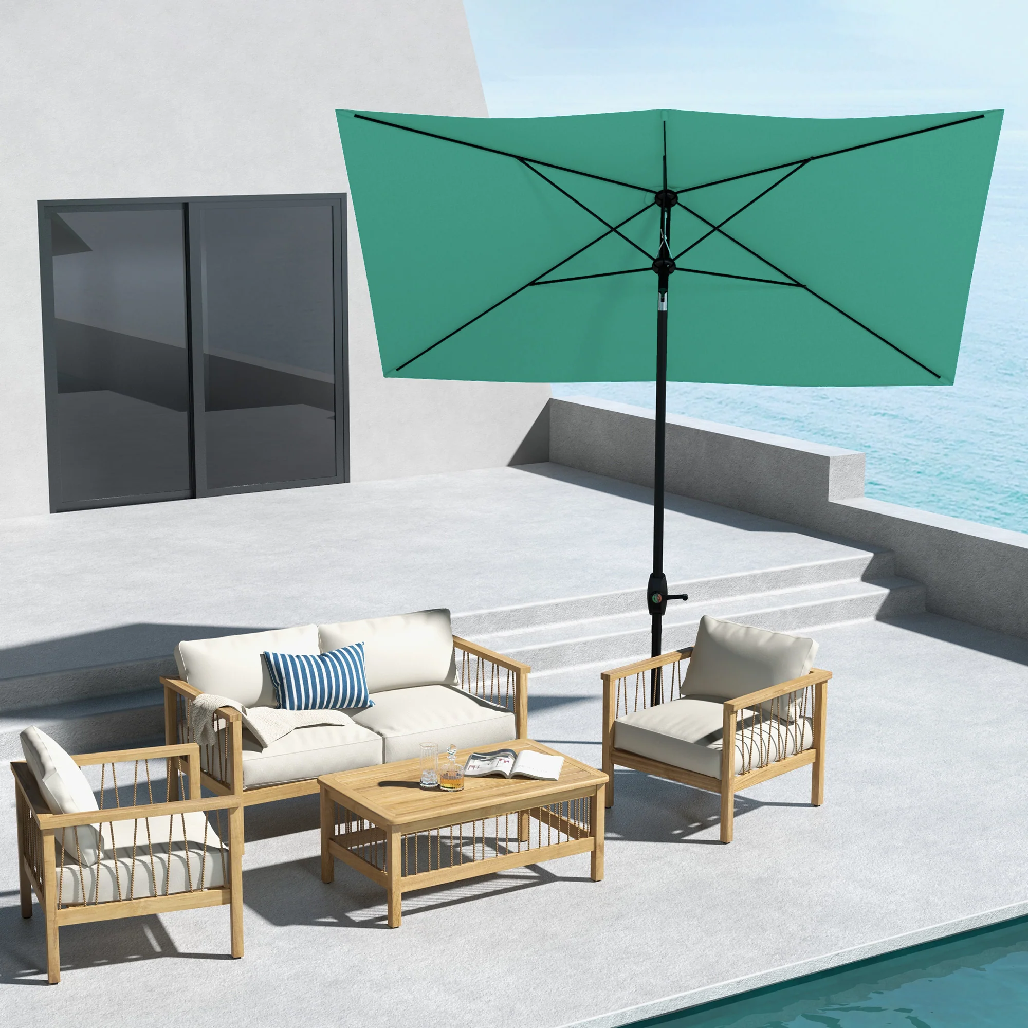 6.5' x 10' Rectangular Patio Umbrella with Crank & Push Button Tilt, Teal - Image 3