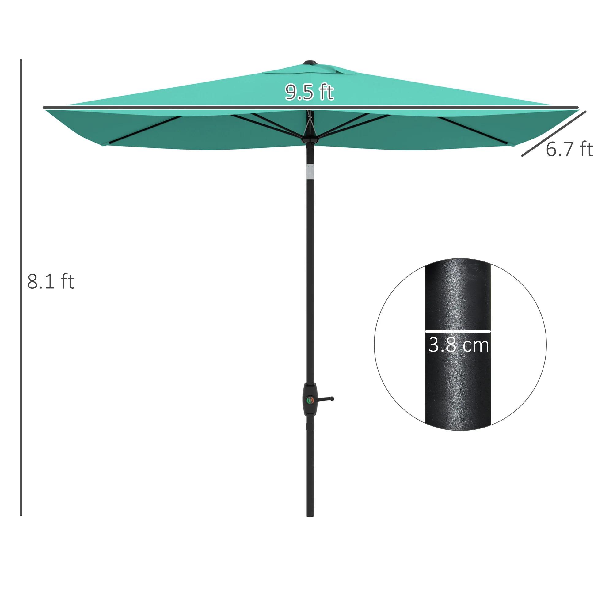 6.5' x 10' Rectangular Patio Umbrella with Crank & Push Button Tilt, Teal - Image 5