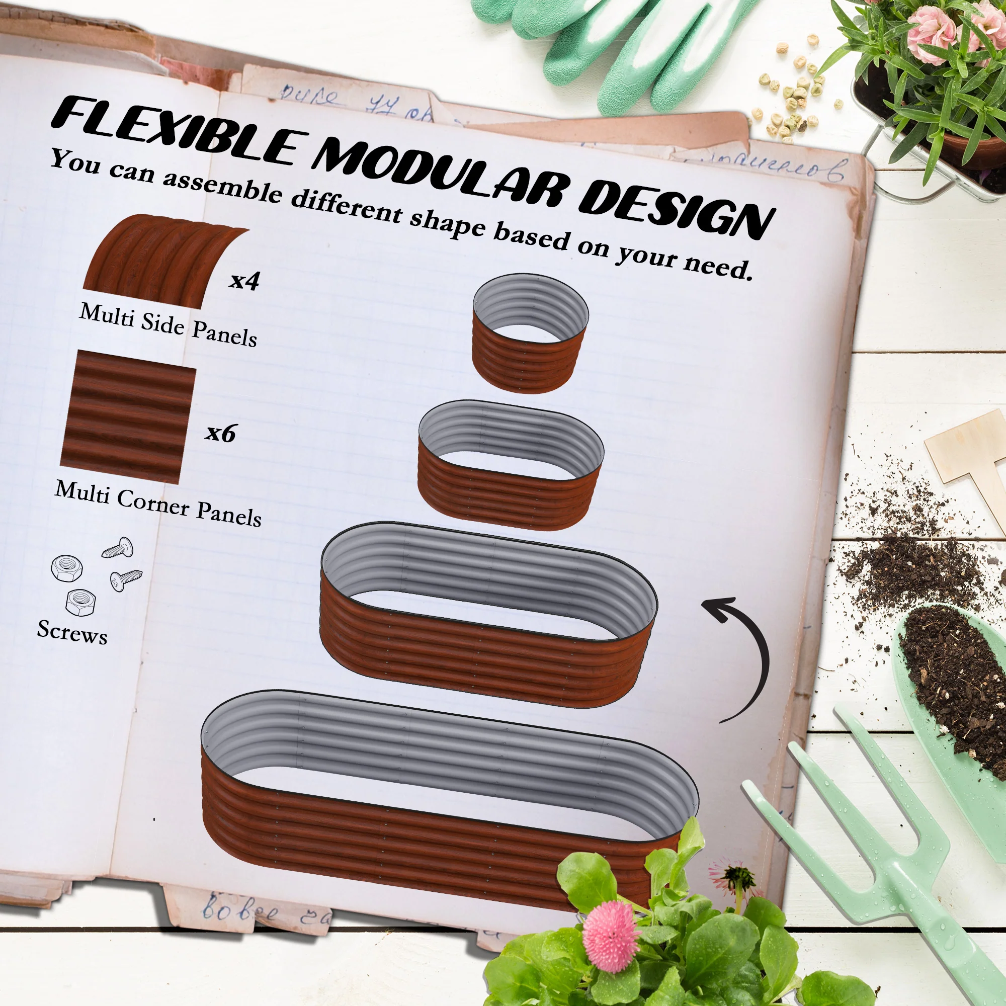 6.5' x 2' x 1.4' Galvanized Raised Garden Bed Kit, Easy DIY Stock Tank for Growing Flowers, Herbs & Vegetables, Brown - Image 6