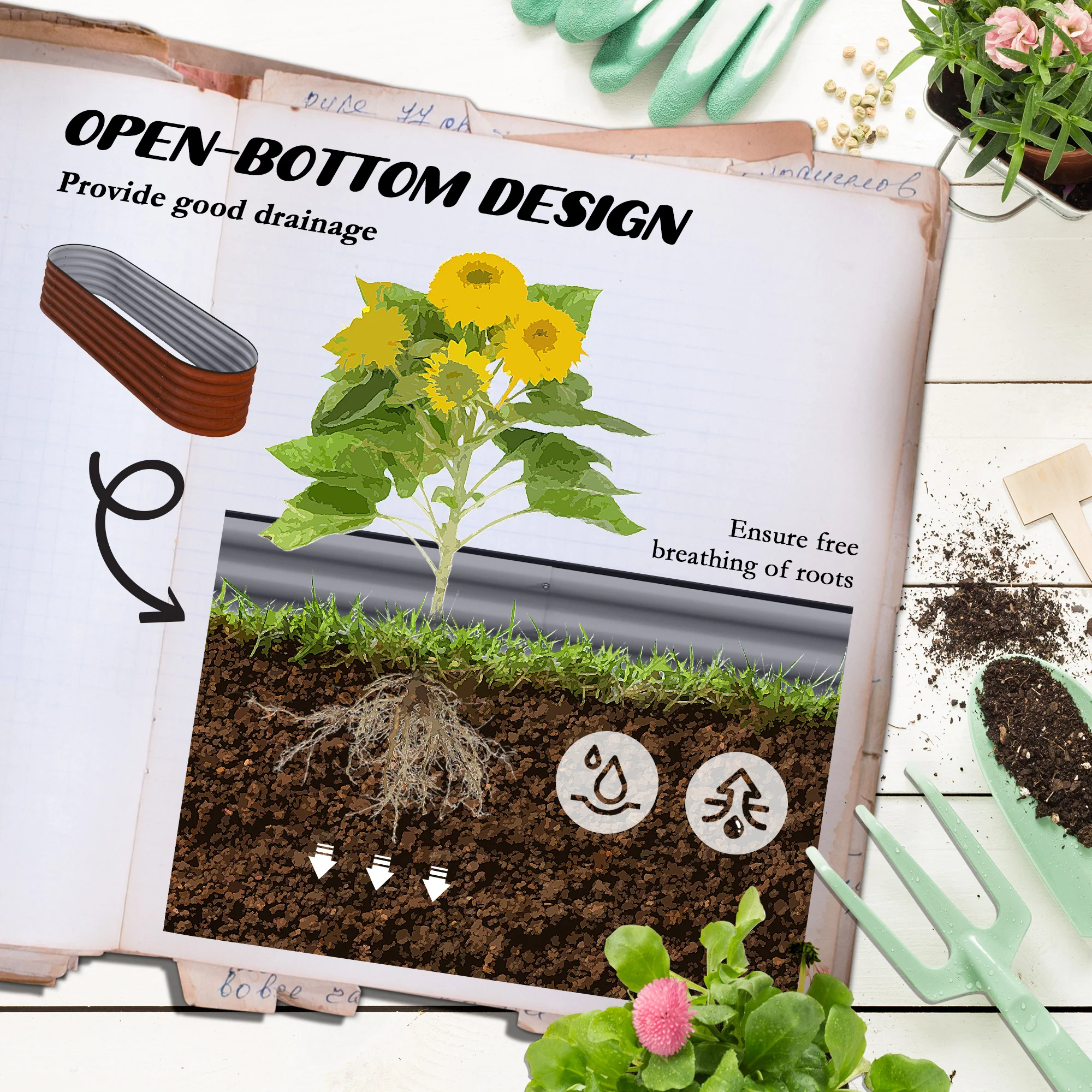 6.5' x 2' x 1.4' Galvanized Raised Garden Bed Kit, Easy DIY Stock Tank for Growing Flowers, Herbs & Vegetables, Brown - Image 7