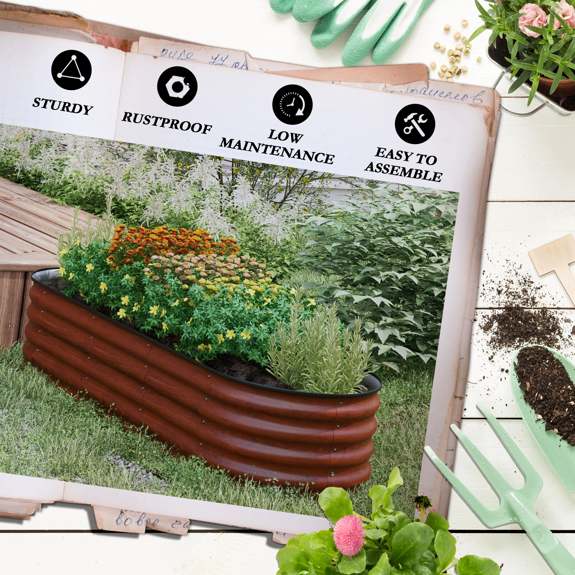 6.5' x 2' x 1.4' Galvanized Raised Garden Bed Kit, Easy DIY Stock Tank for Growing Flowers, Herbs & Vegetables, Brown - Image 9