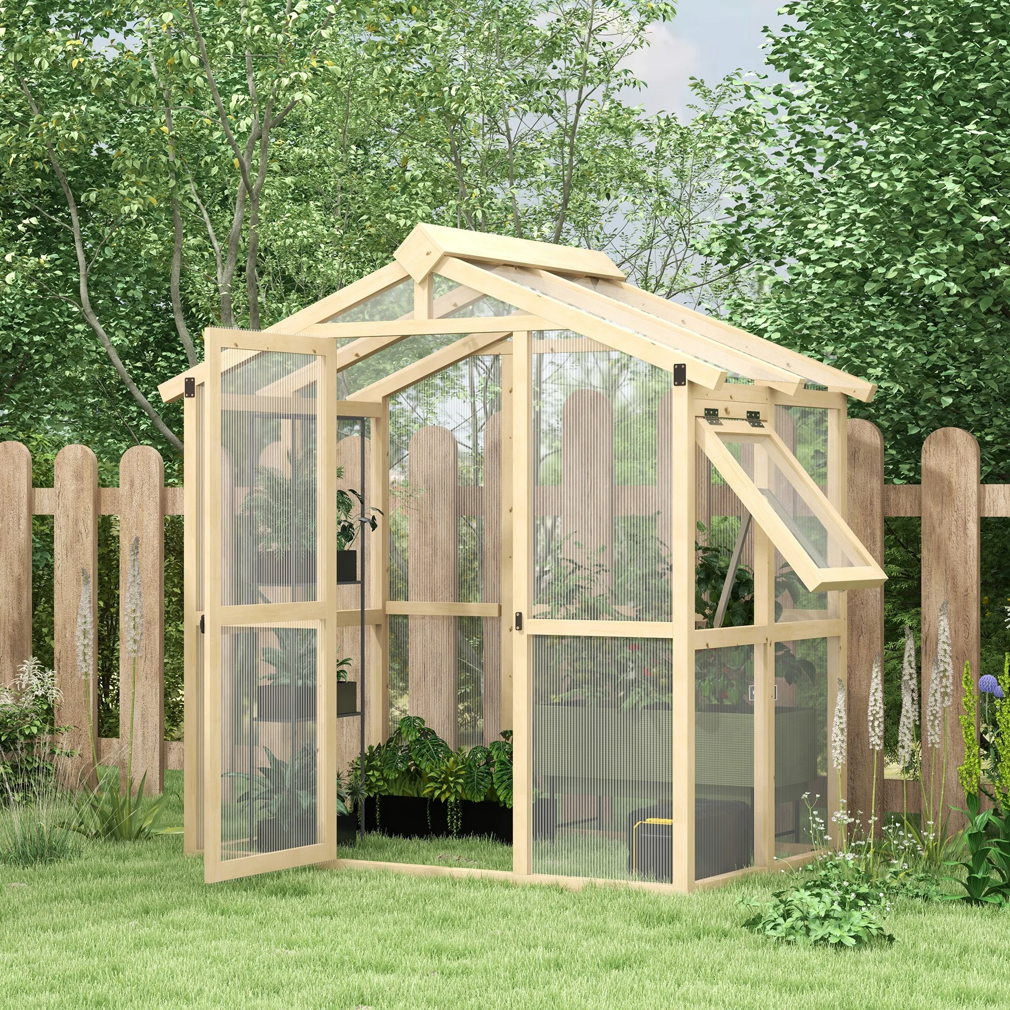 6.5' x 4' x 6.7' Outdoor Greenhouse with Wood Frame, Automatic Temperature Window and Lockable Door - Image 4