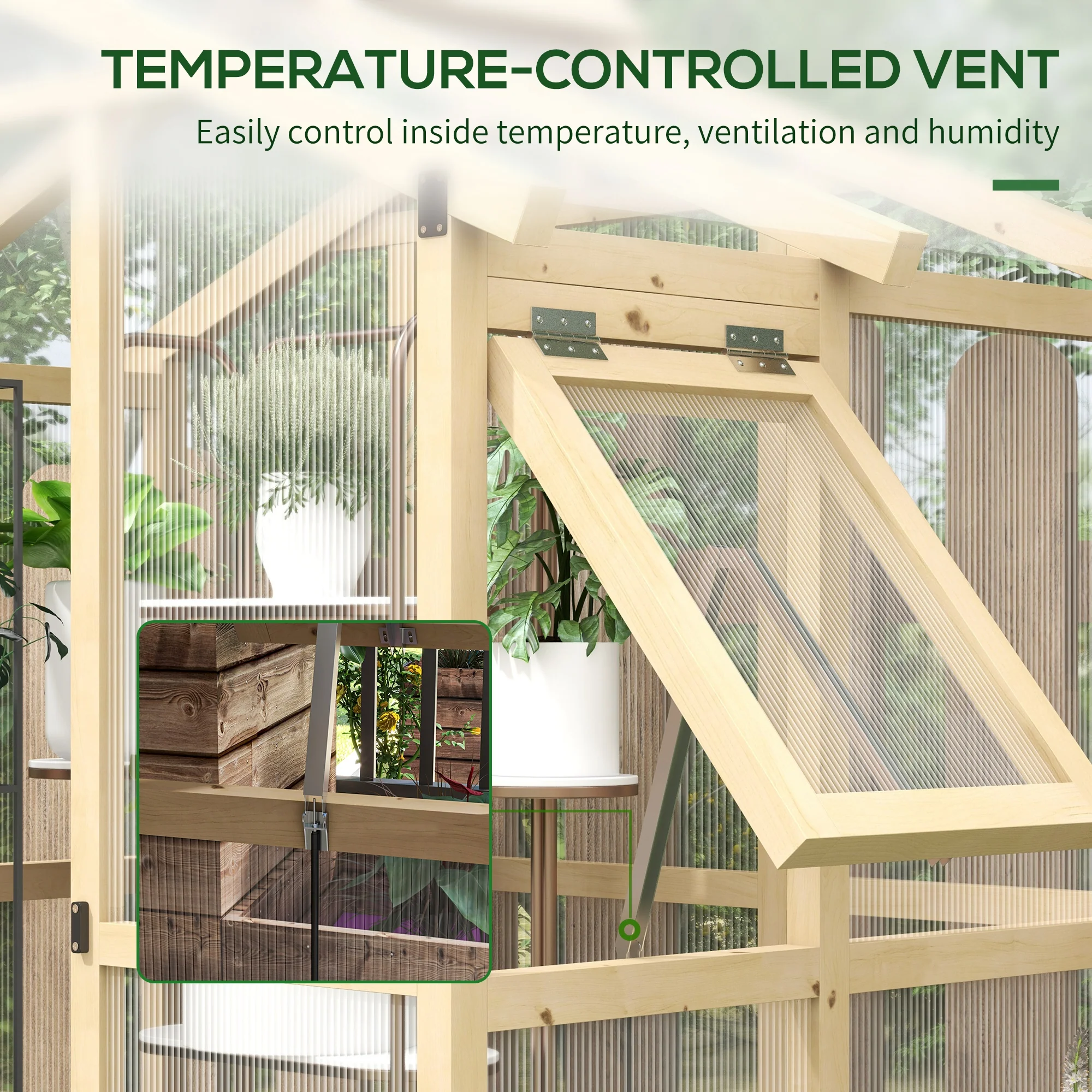 6.5' x 4' x 6.7' Outdoor Greenhouse with Wood Frame, Automatic Temperature Window and Lockable Door - Image 7