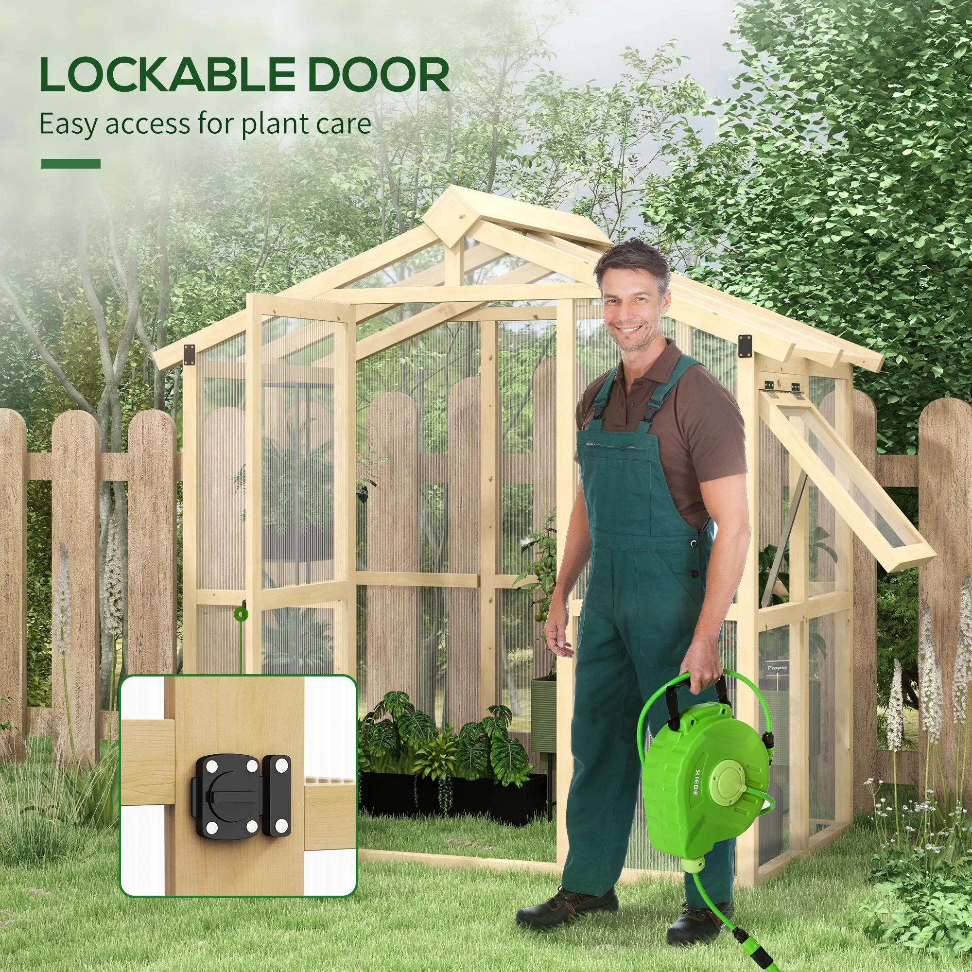 6.5' x 4' x 6.7' Outdoor Greenhouse with Wood Frame, Automatic Temperature Window and Lockable Door - Image 8