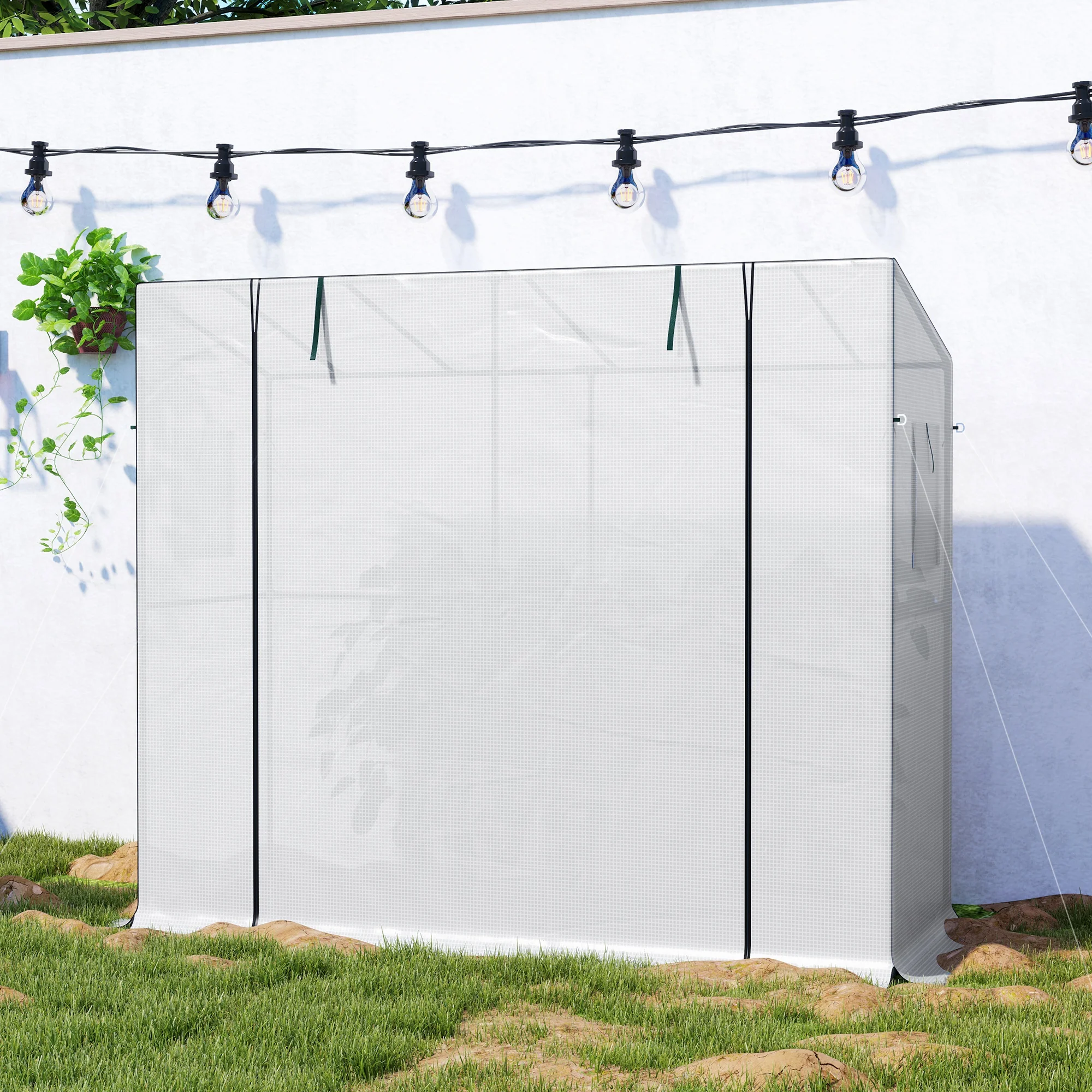 6.6' x 2.5' x 5.6' Lean-to Small Greenhouse with Roll-up Door and Mesh Windows, White - Image 10