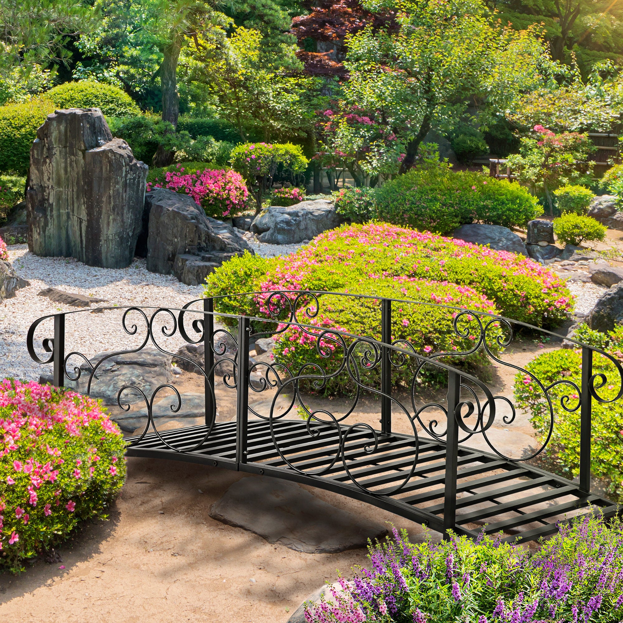 6' Metal Arch Garden Bridge with Safety Siderails, Black - Image 4