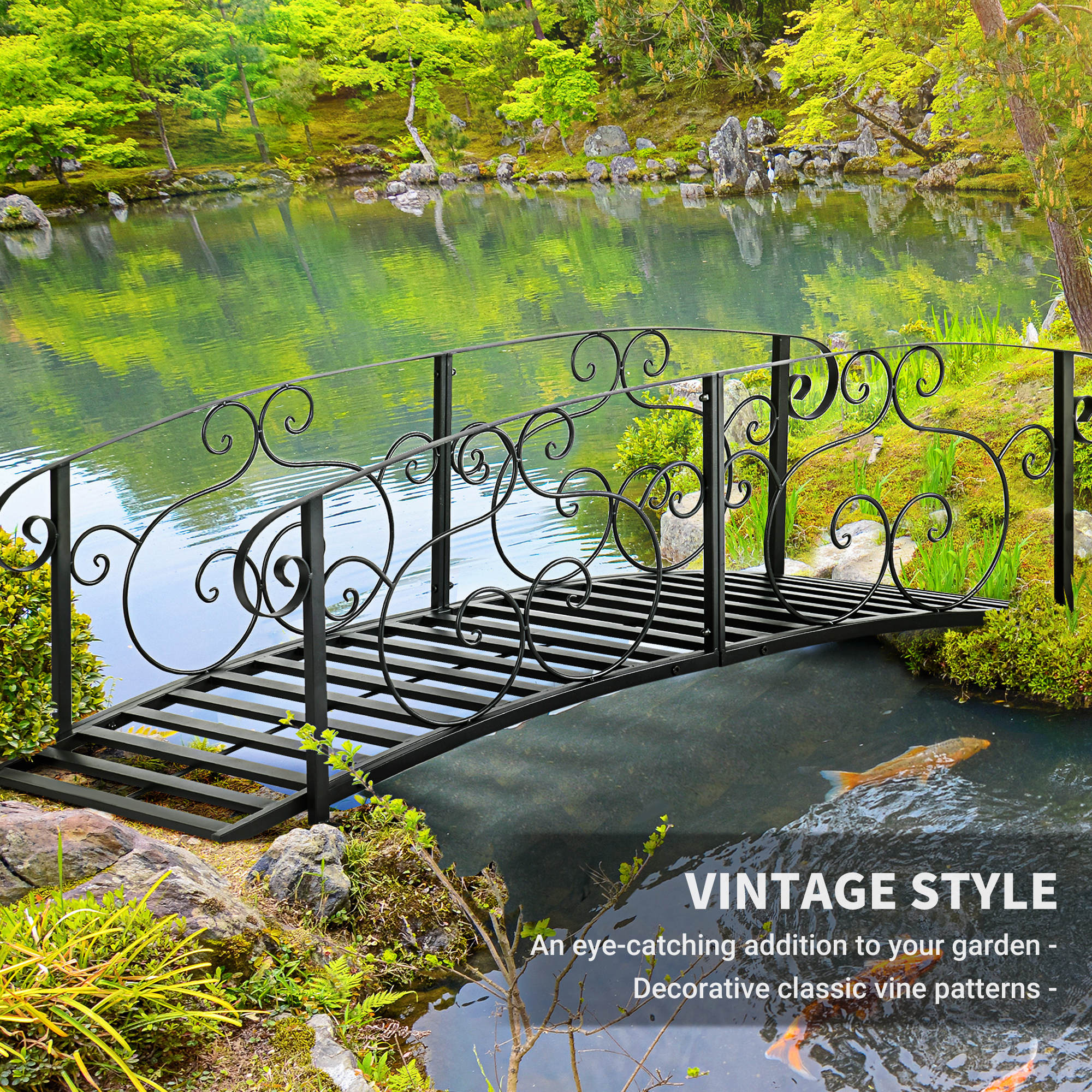 6' Metal Arch Garden Bridge with Safety Siderails, Black - Image 7