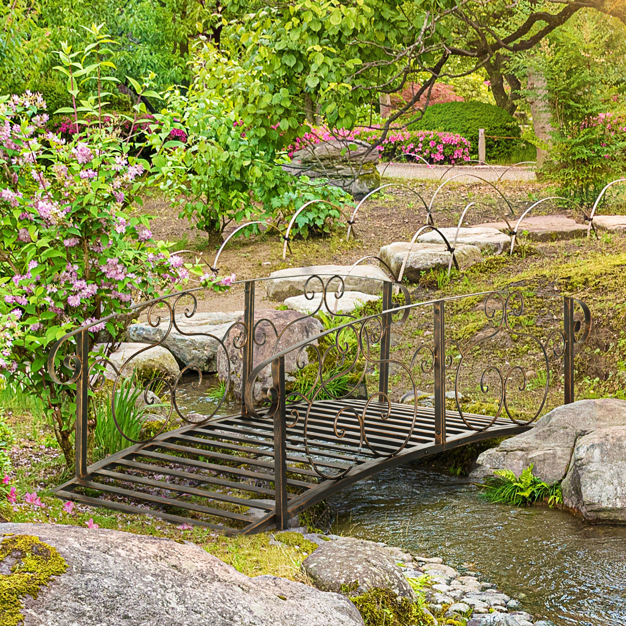 6' Metal Arch Garden Bridge with Safety Siderails, Bronze Footbridge - Image 3