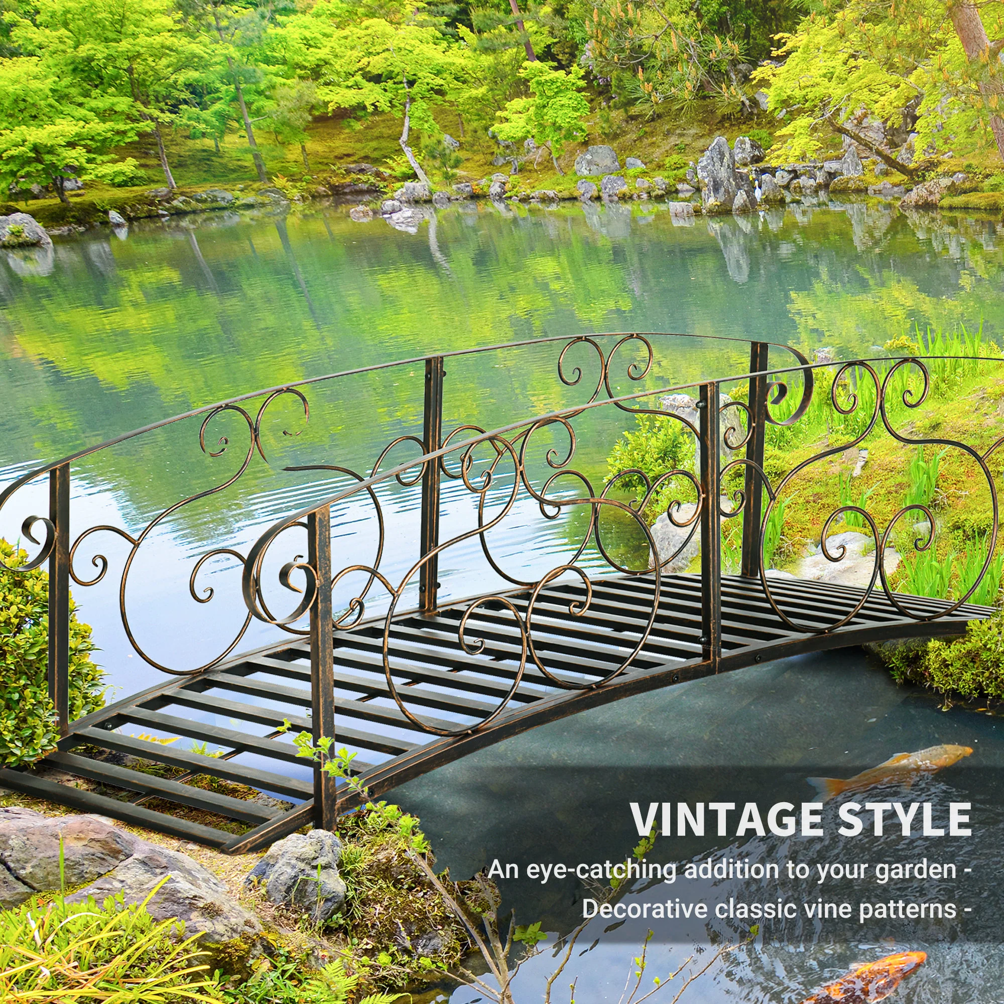 6' Metal Arch Garden Bridge with Safety Siderails, Bronze Footbridge - Image 7
