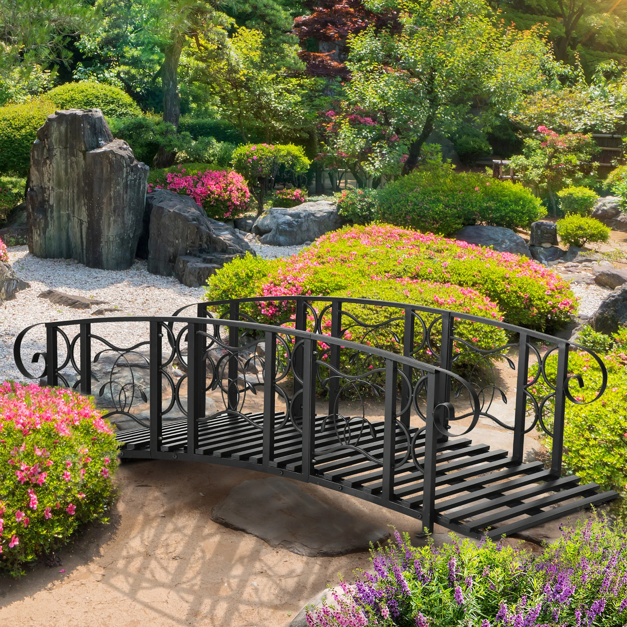 6' Metal Arch Garden Bridge with Safety Rails & Vine Design, 660 lbs Capacity, Black - Image 4