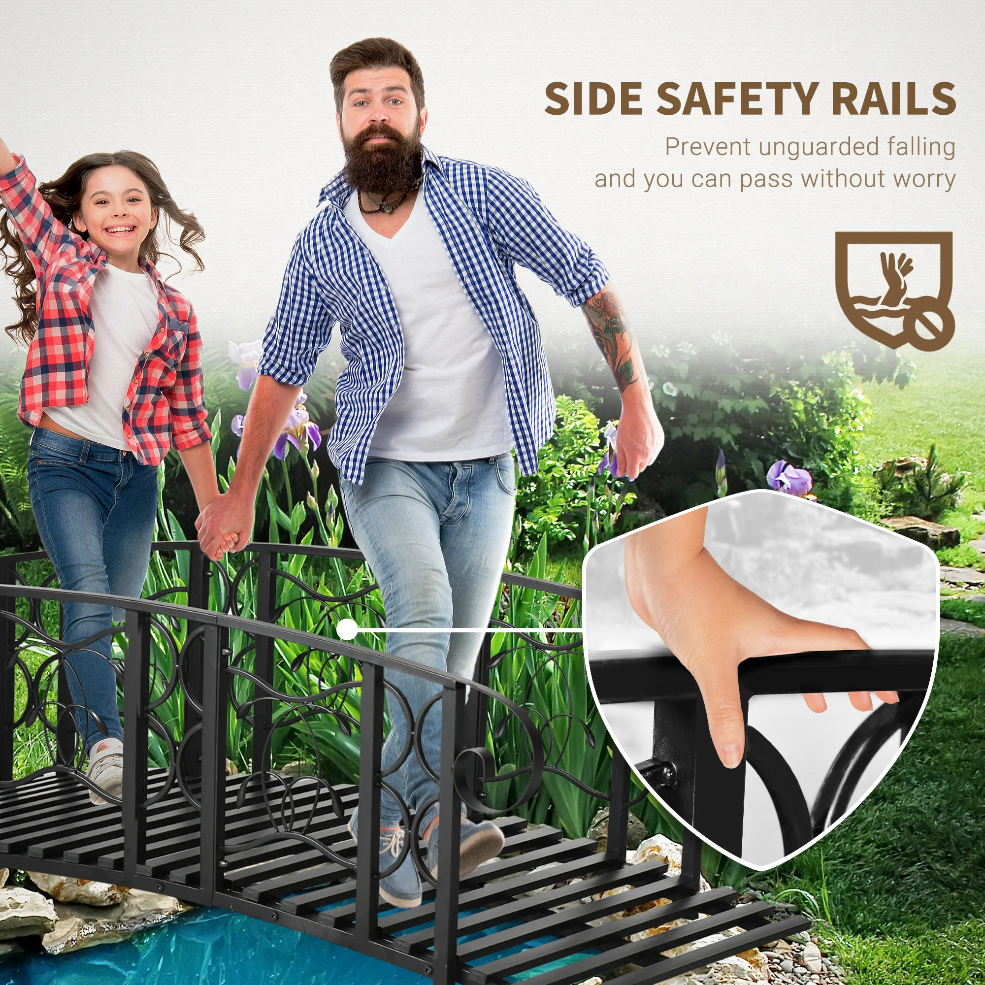 6' Metal Arch Garden Bridge with Safety Rails & Vine Design, 660 lbs Capacity, Black - Image 7