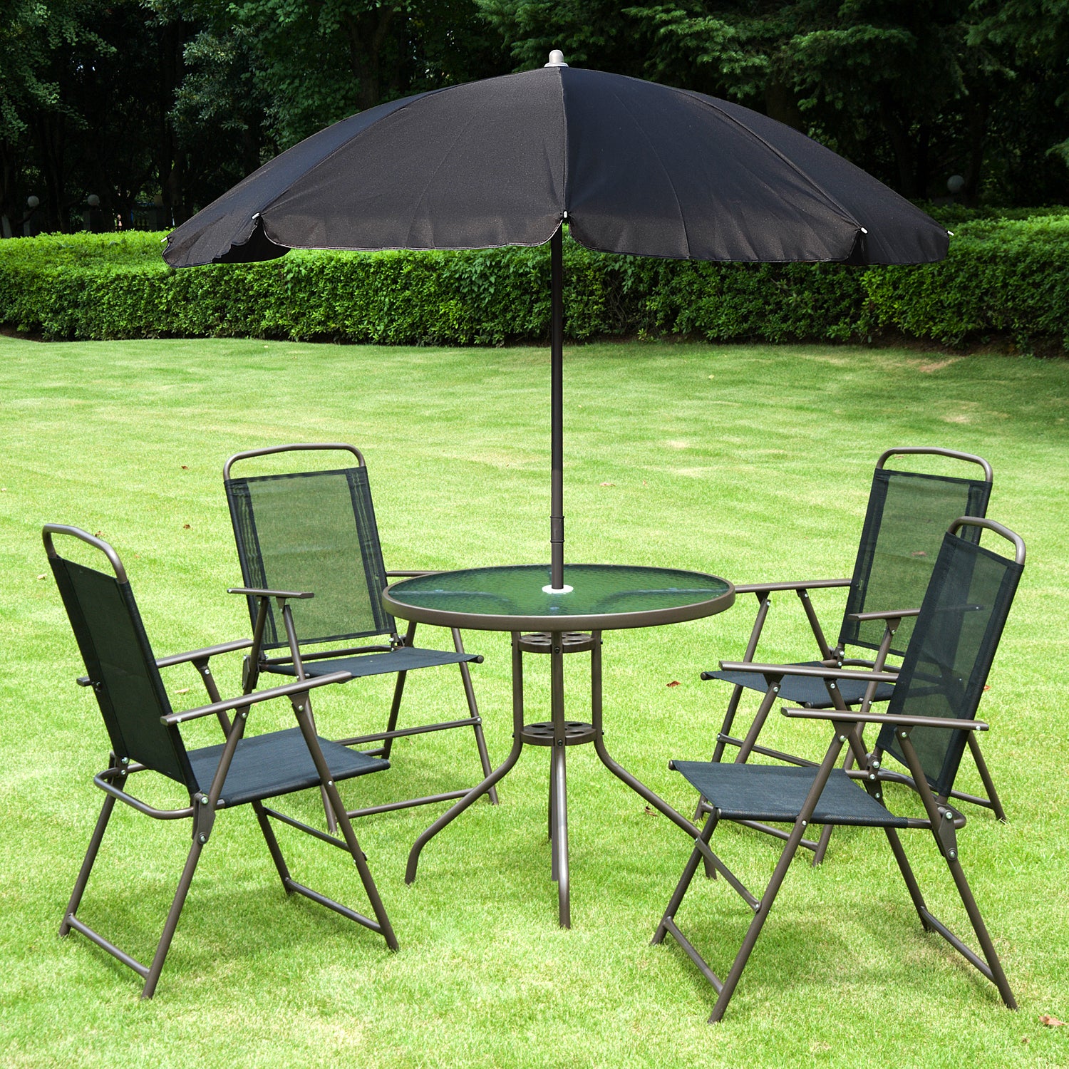 6 Piece Outdoor Dining Sets for 4 with Umbrella, 4 Folding Chairs & Round Glass Table, Black - Image 3