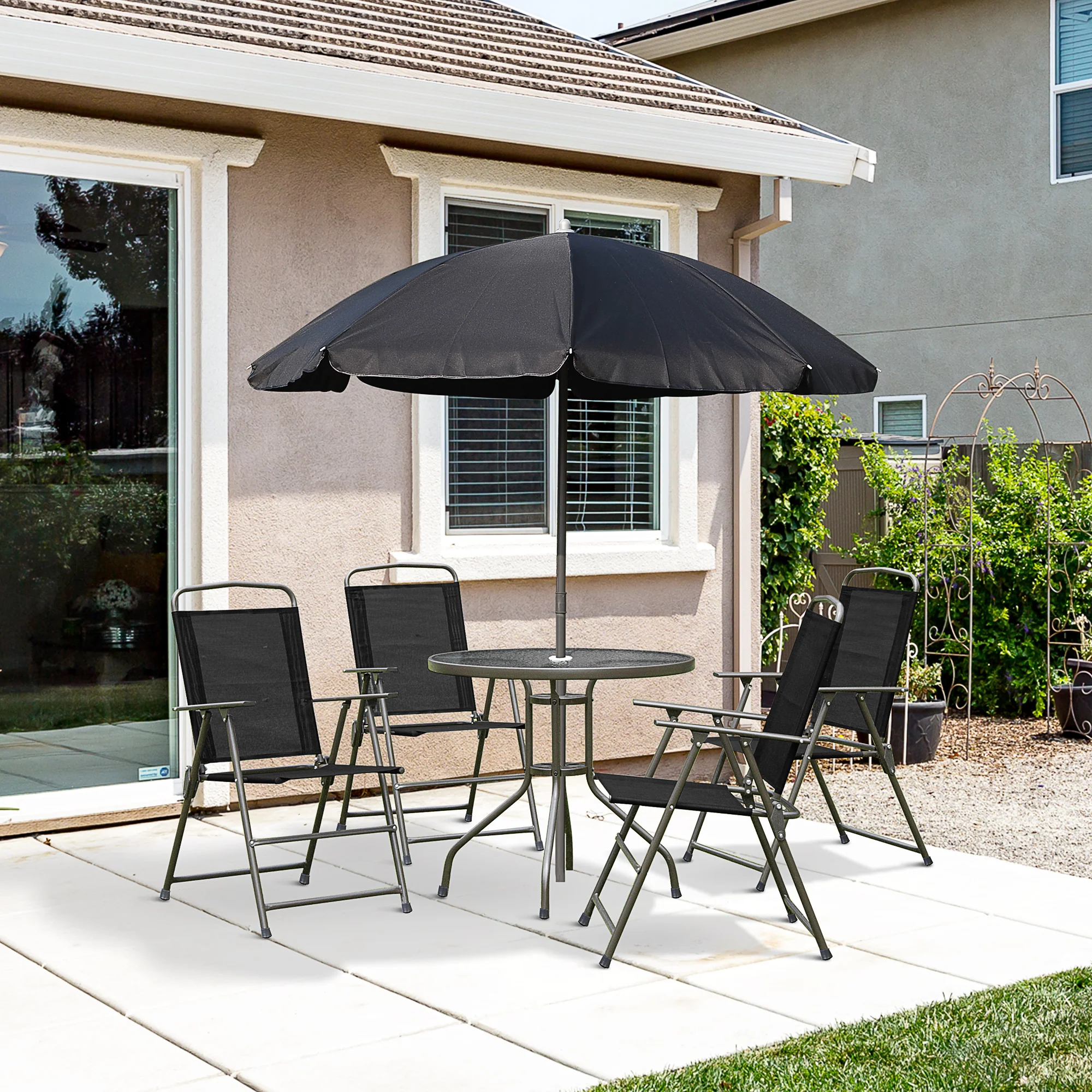 6 Piece Outdoor Dining Sets for 4 with Umbrella, 4 Folding Chairs & Round Glass Table, Black - Image 4