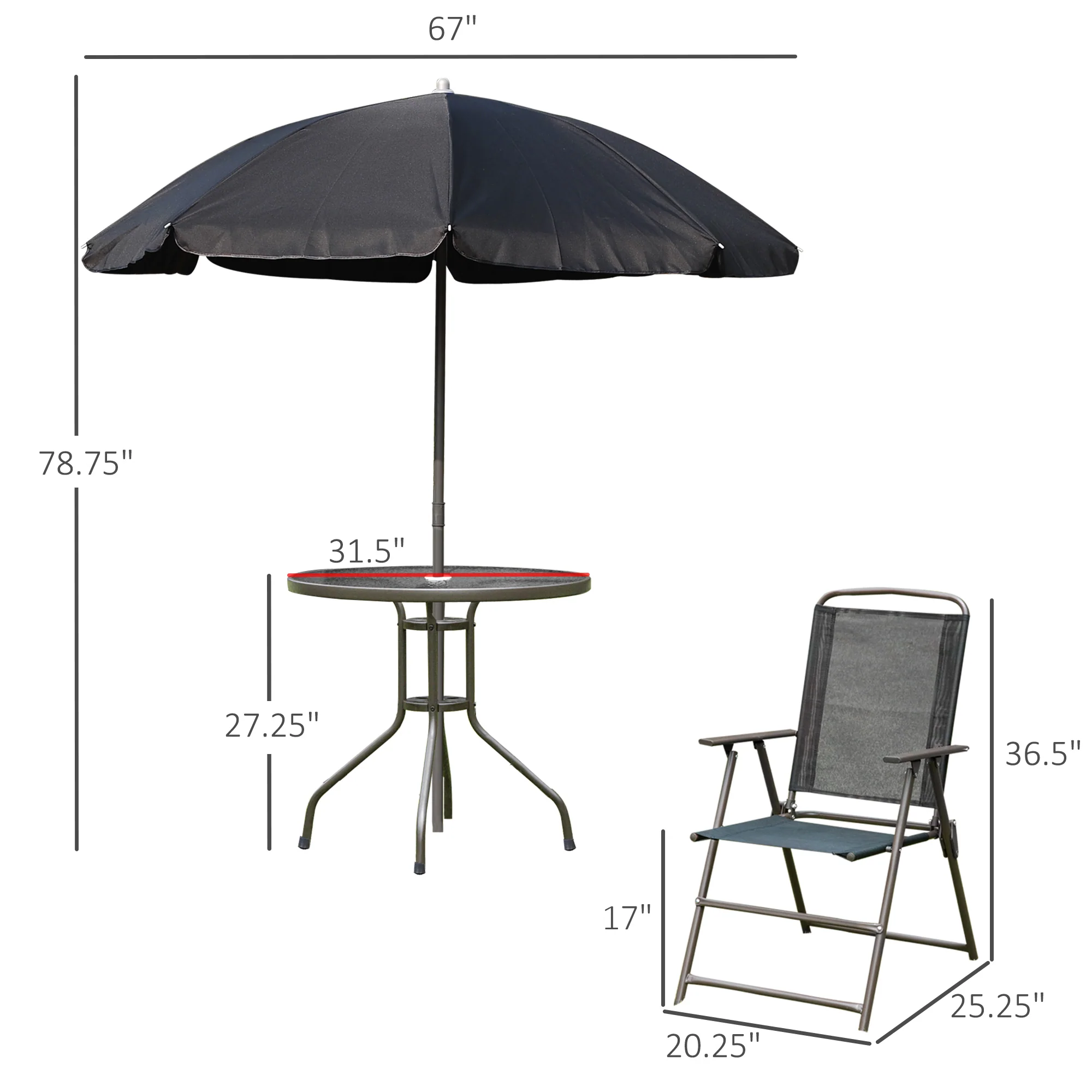6 Piece Outdoor Dining Sets for 4 with Umbrella, 4 Folding Chairs & Round Glass Table, Black - Image 5