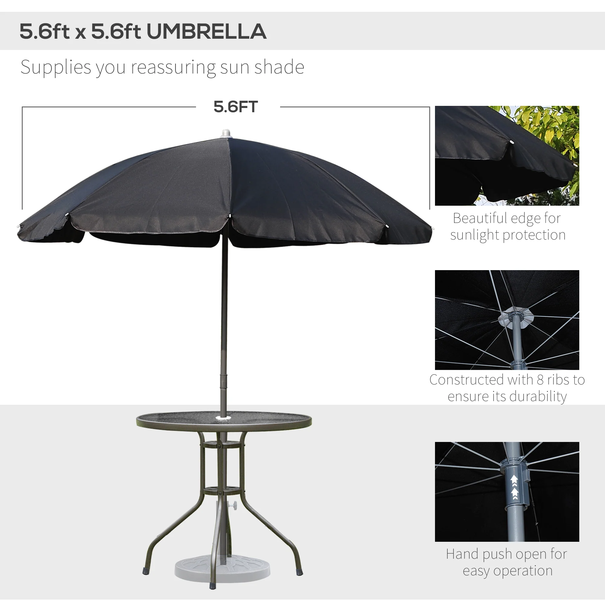 6 Piece Outdoor Dining Sets for 4 with Umbrella, 4 Folding Chairs & Round Glass Table, Black - Image 6