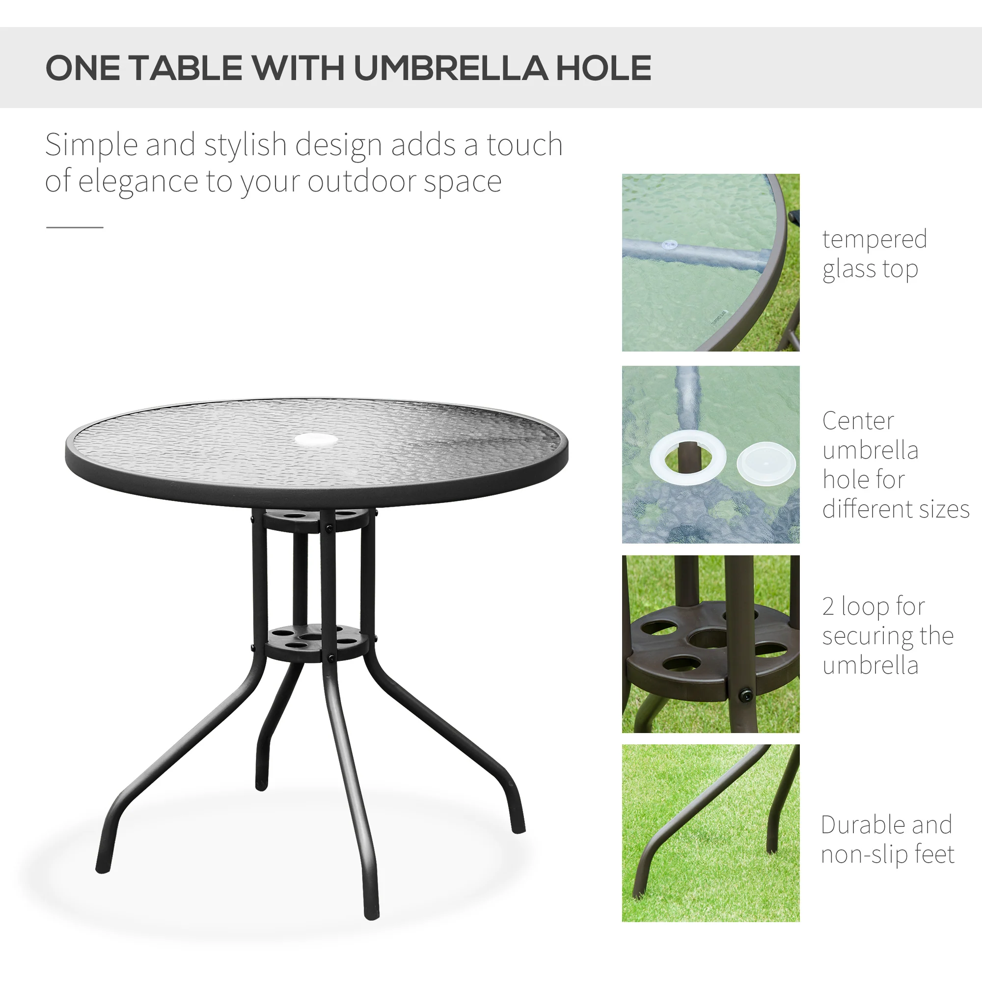 6 Piece Outdoor Dining Sets for 4 with Umbrella, 4 Folding Chairs & Round Glass Table, Black - Image 7