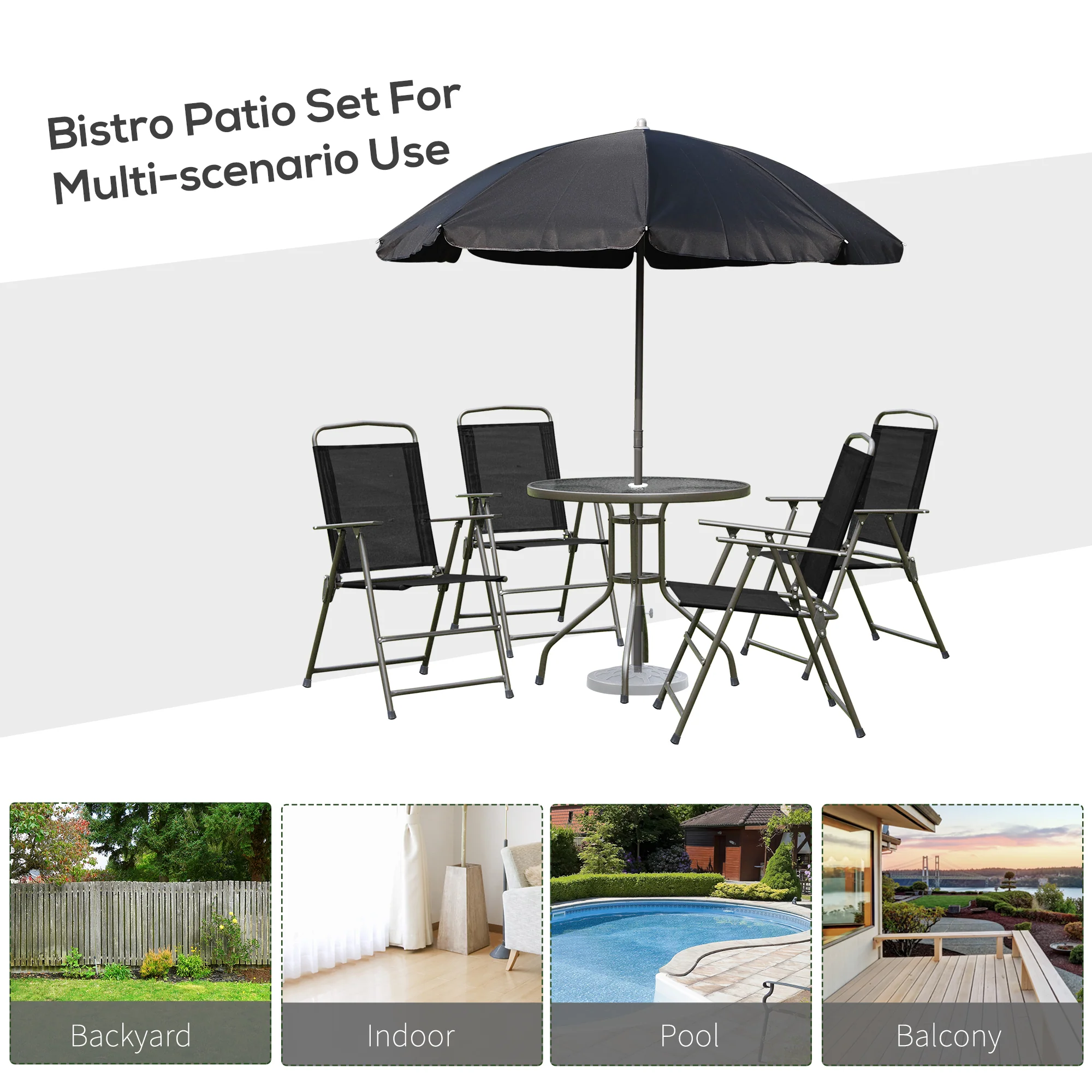 6 Piece Outdoor Dining Sets for 4 with Umbrella, 4 Folding Chairs & Round Glass Table, Black - Image 8