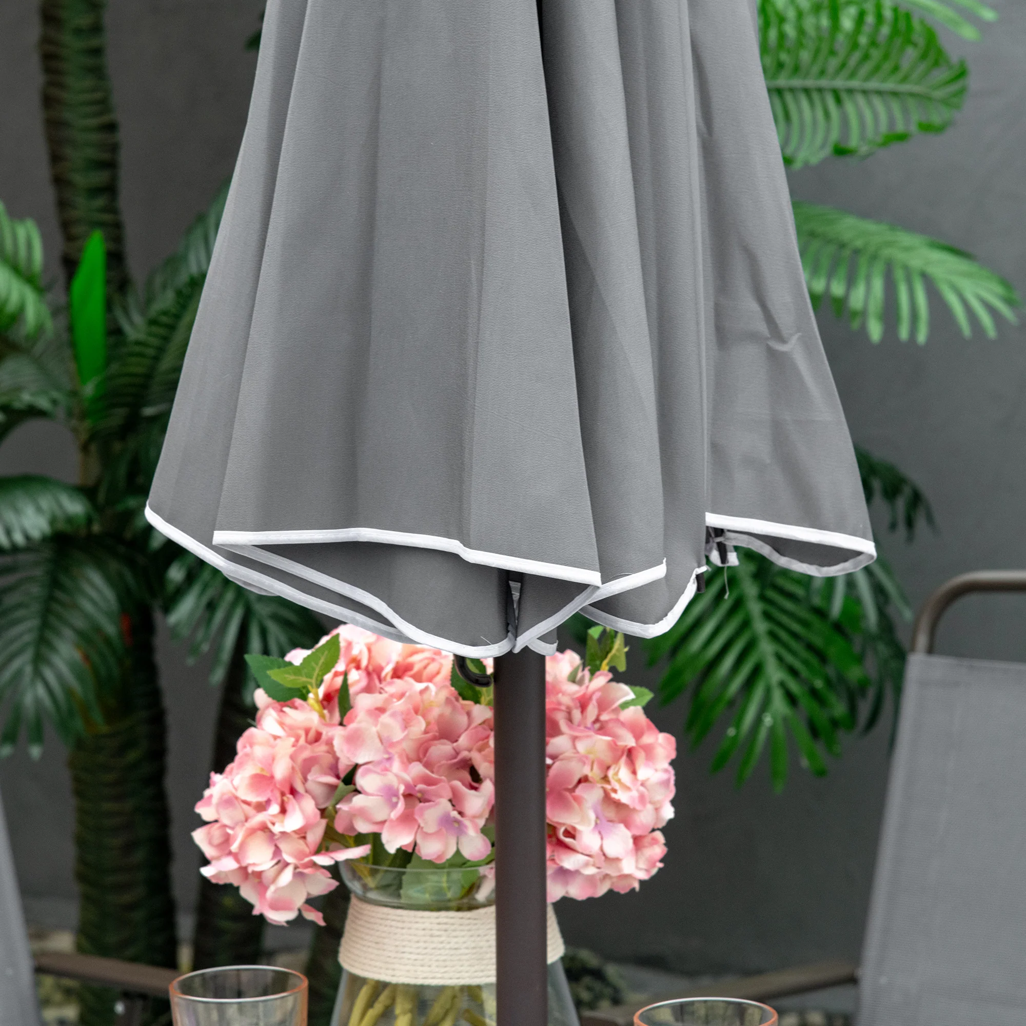 6-Piece Patio Dining Set with 4 Folding Chairs, Round Glass Table & Umbrella, Gray - Image 11