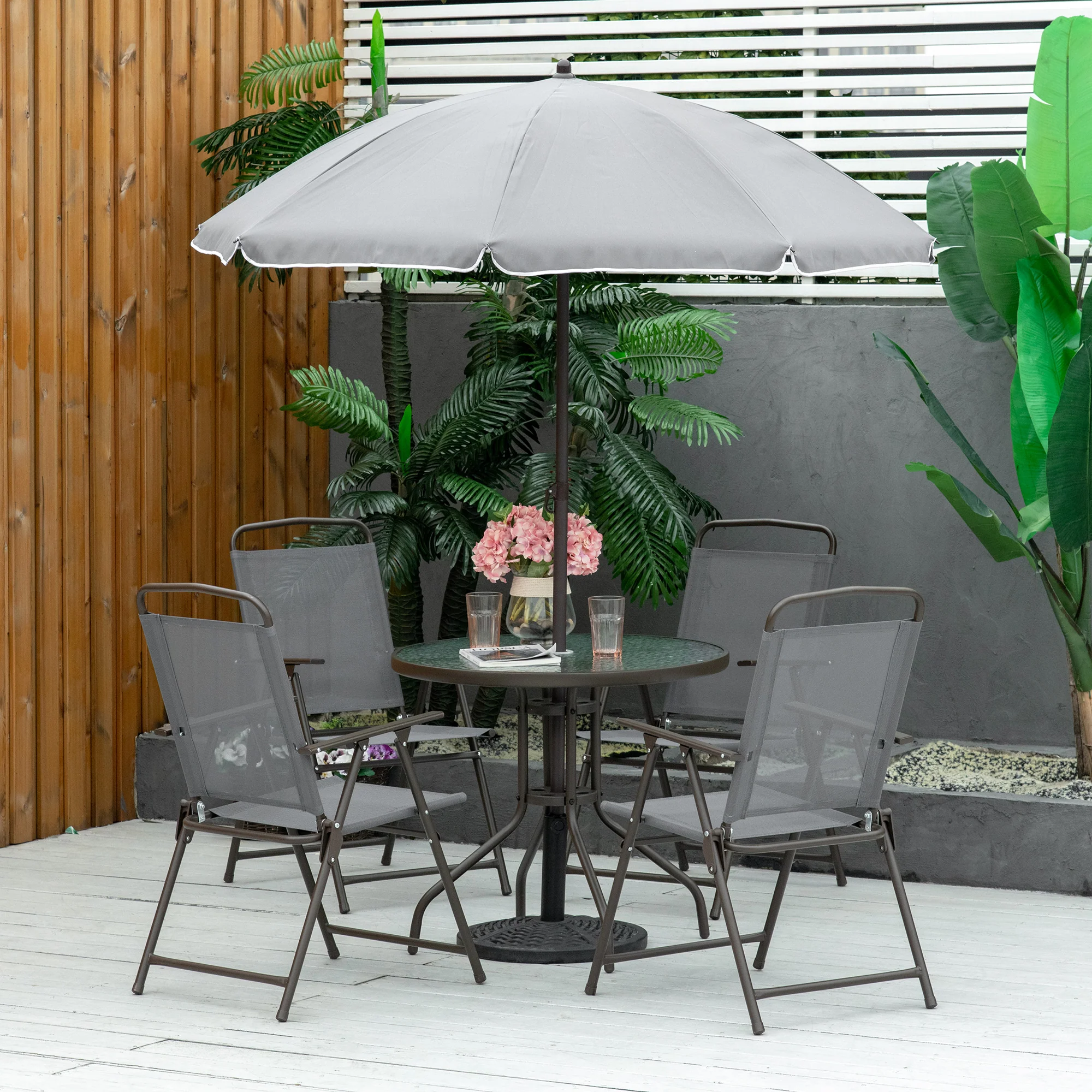 6-Piece Patio Dining Set with 4 Folding Chairs, Round Glass Table & Umbrella, Gray - Image 3