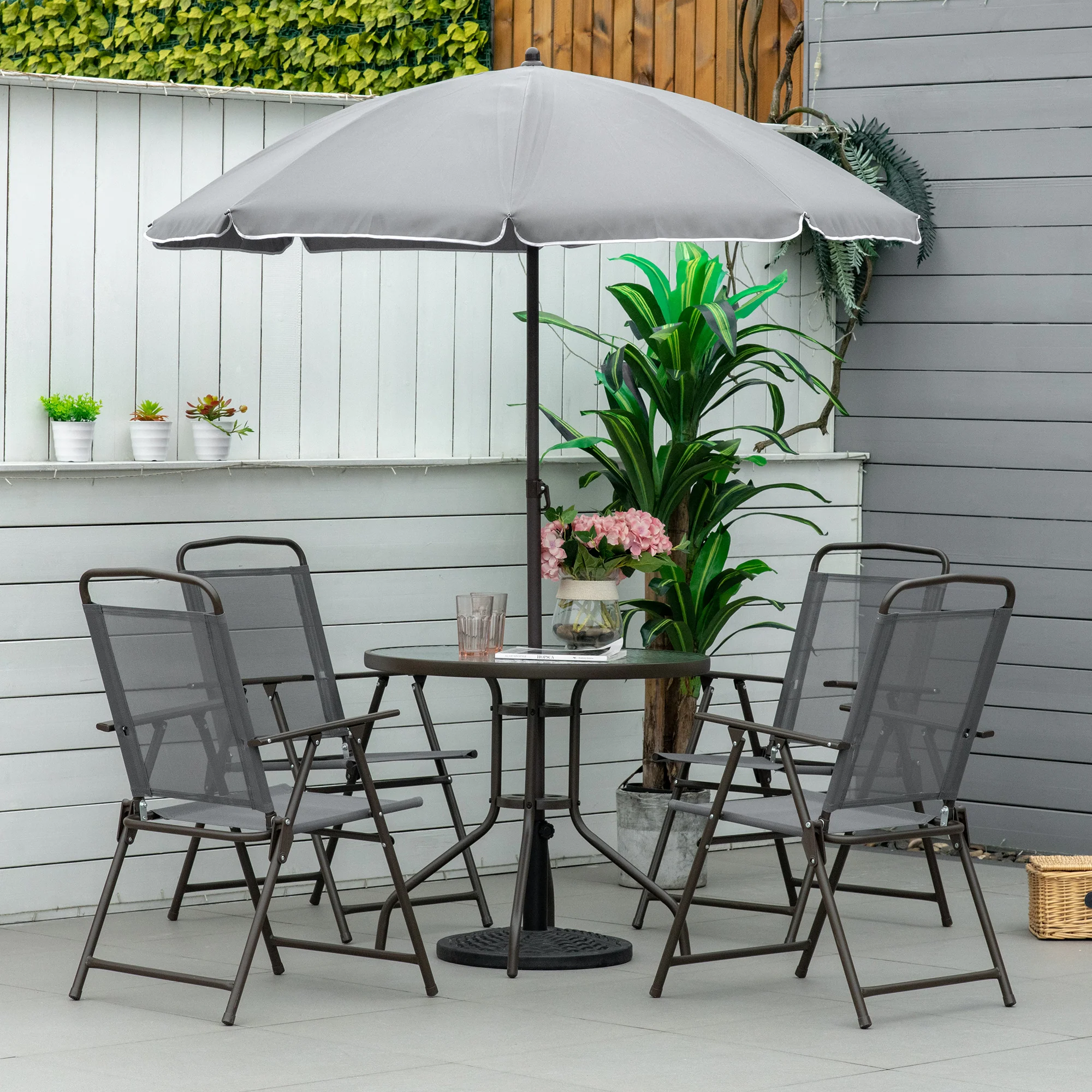 6-Piece Patio Dining Set with 4 Folding Chairs, Round Glass Table & Umbrella, Gray - Image 4