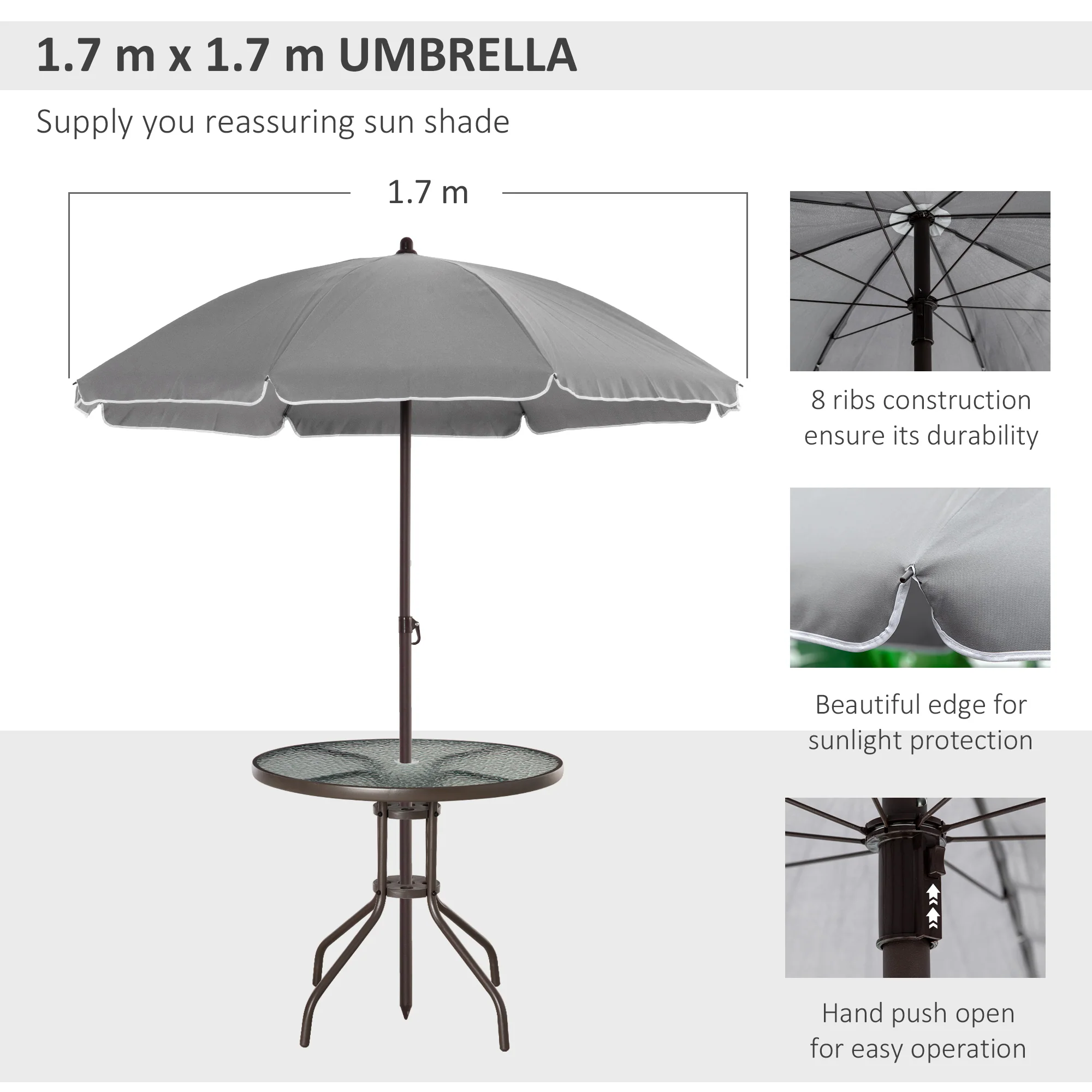 6-Piece Patio Dining Set with 4 Folding Chairs, Round Glass Table & Umbrella, Gray - Image 8