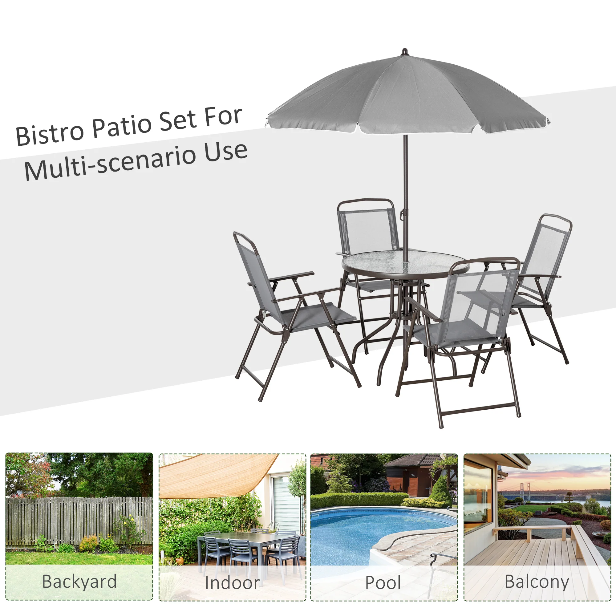 6-Piece Patio Dining Set with 4 Folding Chairs, Round Glass Table & Umbrella, Gray - Image 9