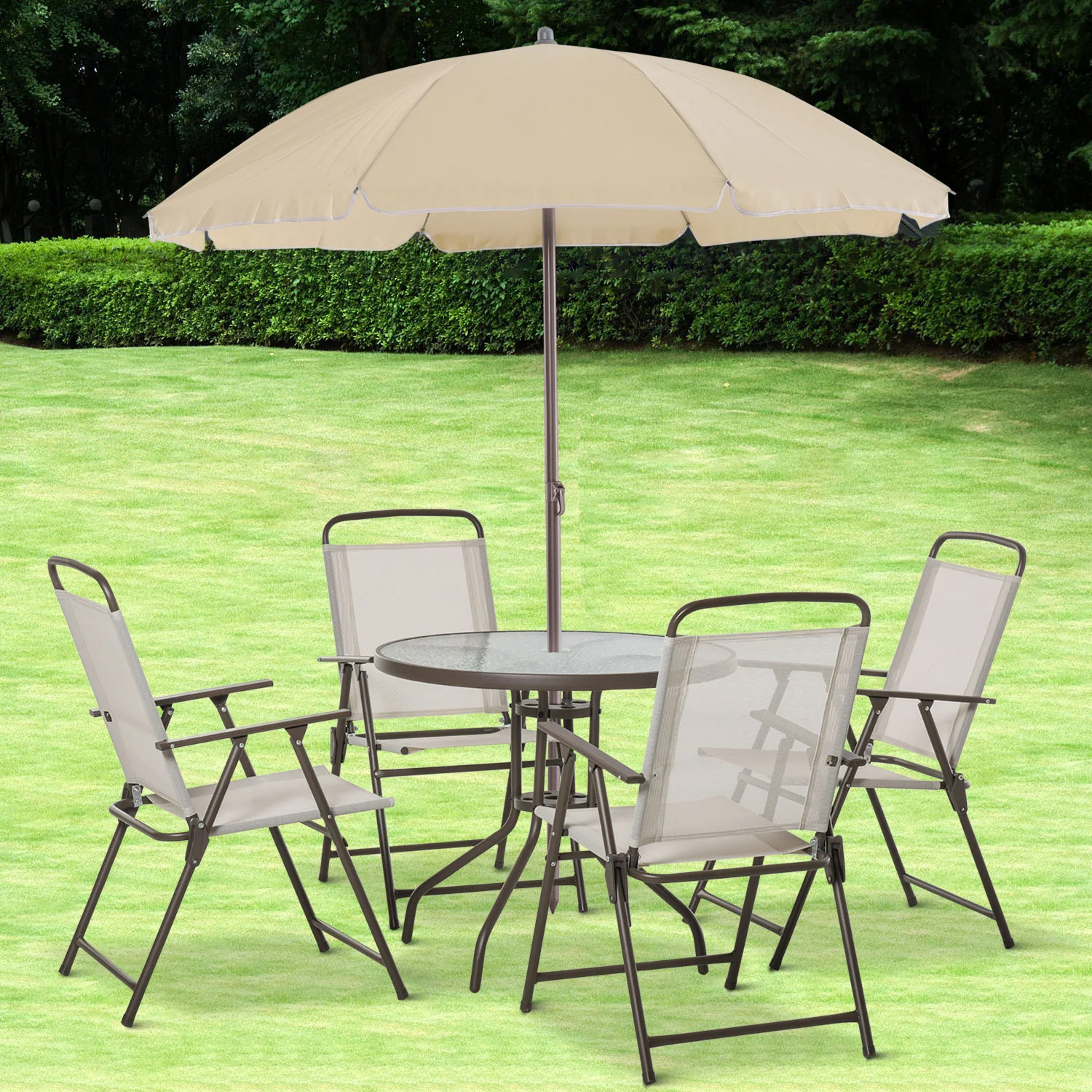 6 Piece Outdoor Dining Sets for 4 with Umbrella, 4 Folding Chairs & Round Glass Table, Beige - Image 3