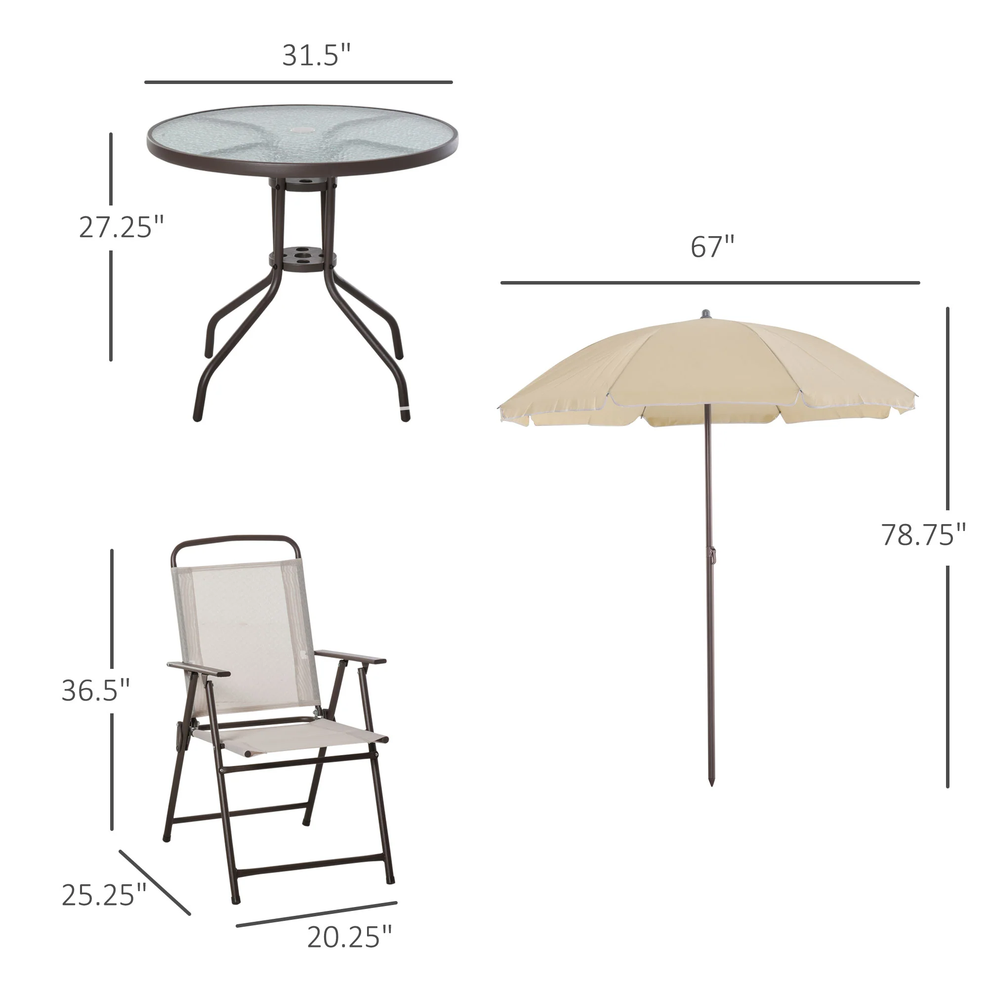 6 Piece Outdoor Dining Sets for 4 with Umbrella, 4 Folding Chairs & Round Glass Table, Beige - Image 5