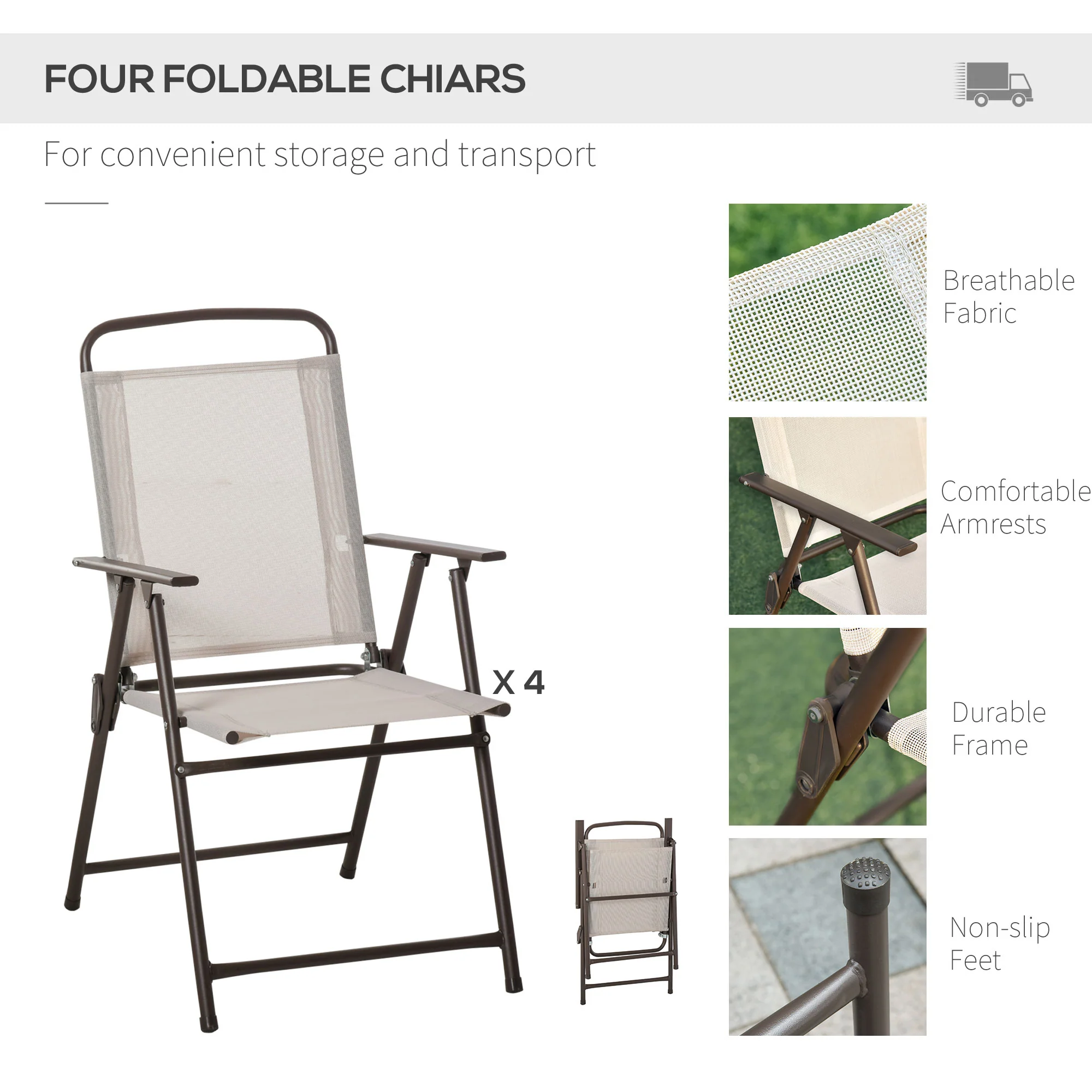 6 Piece Outdoor Dining Sets for 4 with Umbrella, 4 Folding Chairs & Round Glass Table, Beige - Image 6
