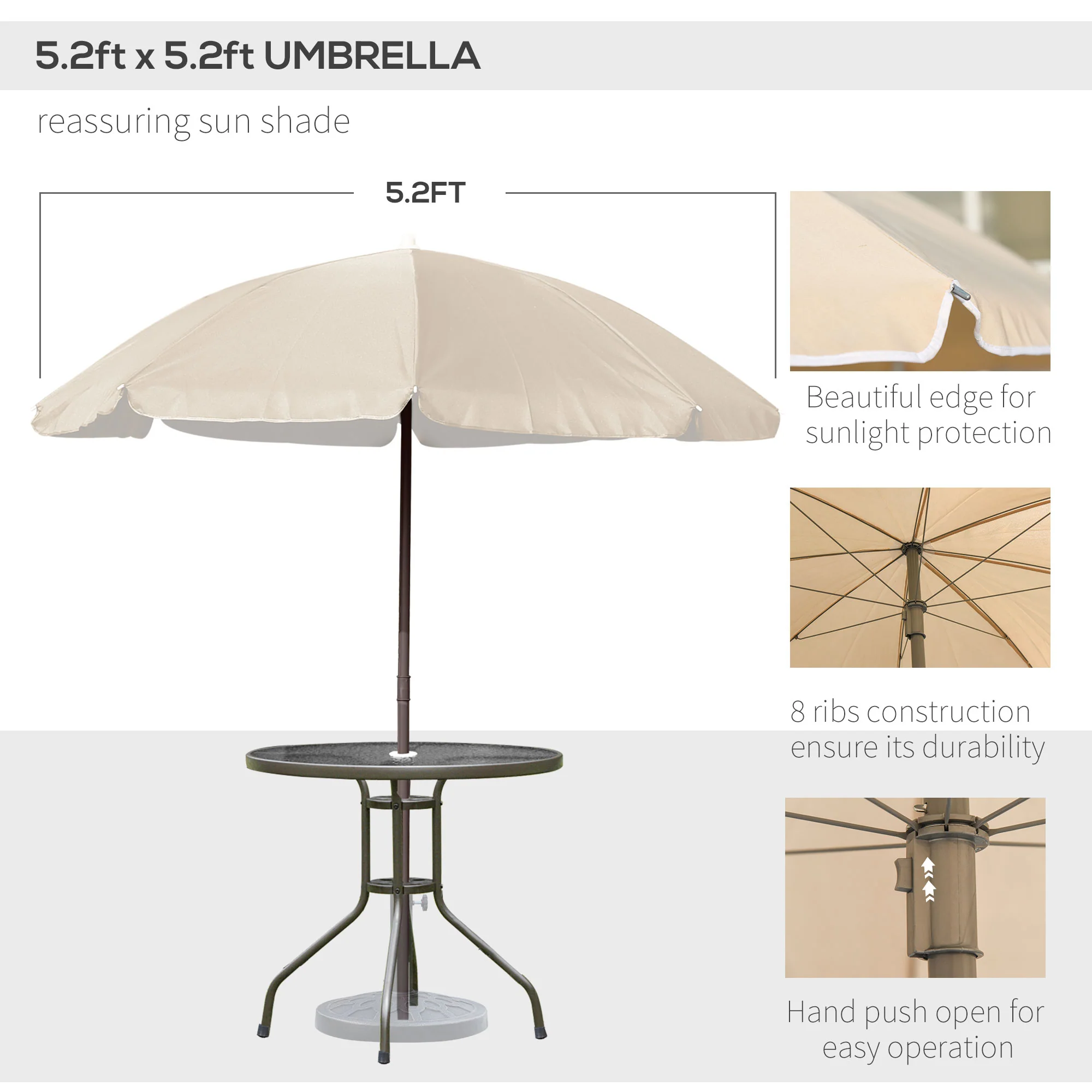6 Piece Outdoor Dining Sets for 4 with Umbrella, 4 Folding Chairs & Round Glass Table, Beige - Image 7