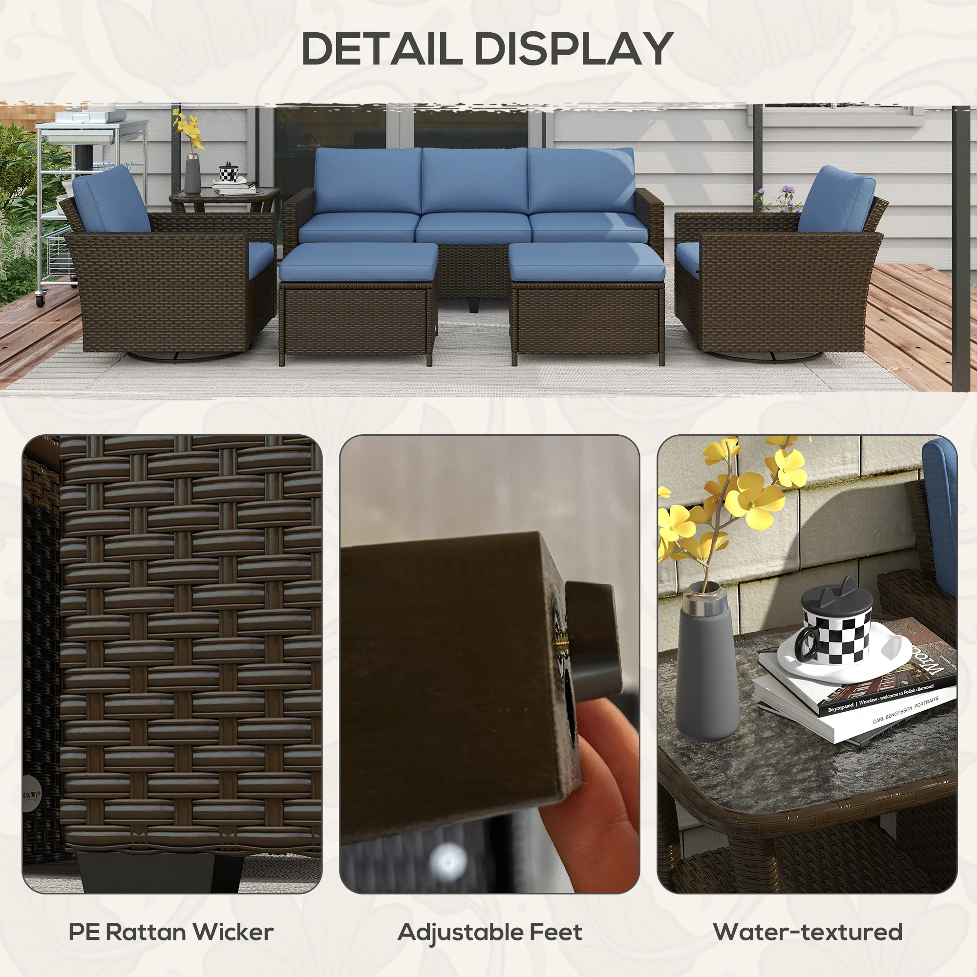 6-Piece Rattan Patio Set with 3-Seater Sofa, Swivel Rockers & 2-Tier Table, Deep Coffee - Image 9