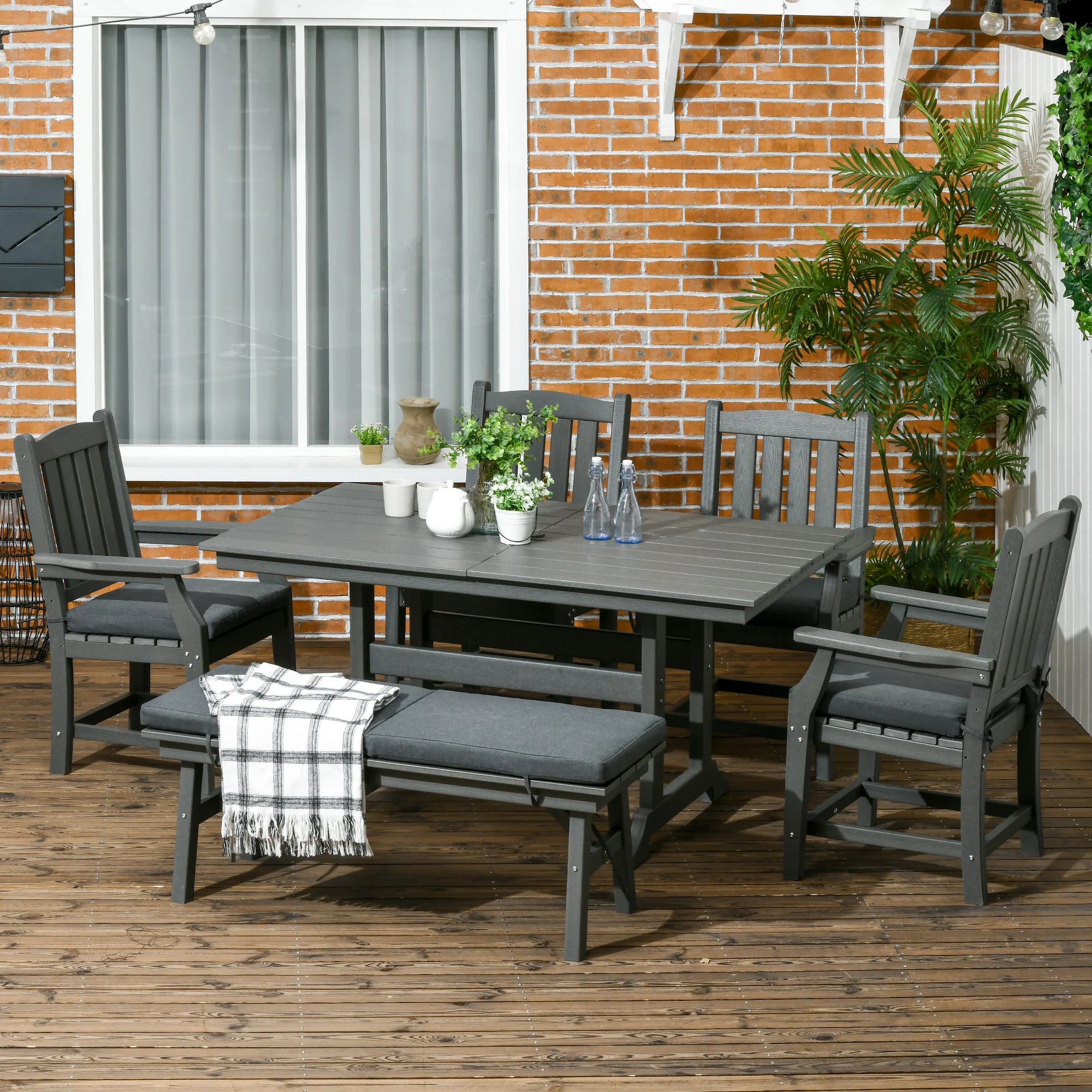 6-Seater Outdoor Dining Set with Loveseat, Umbrella Hole & Cushioned Seating, Dark Gray - Image 3