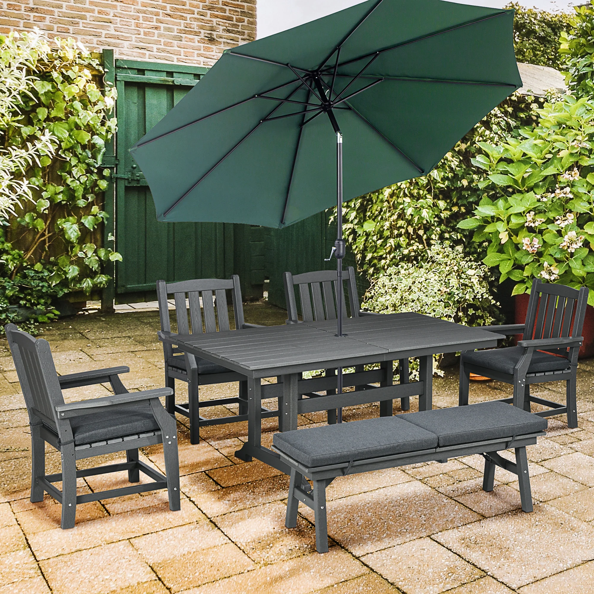 6-Seater Outdoor Dining Set with Loveseat, Umbrella Hole & Cushioned Seating, Dark Gray - Image 4