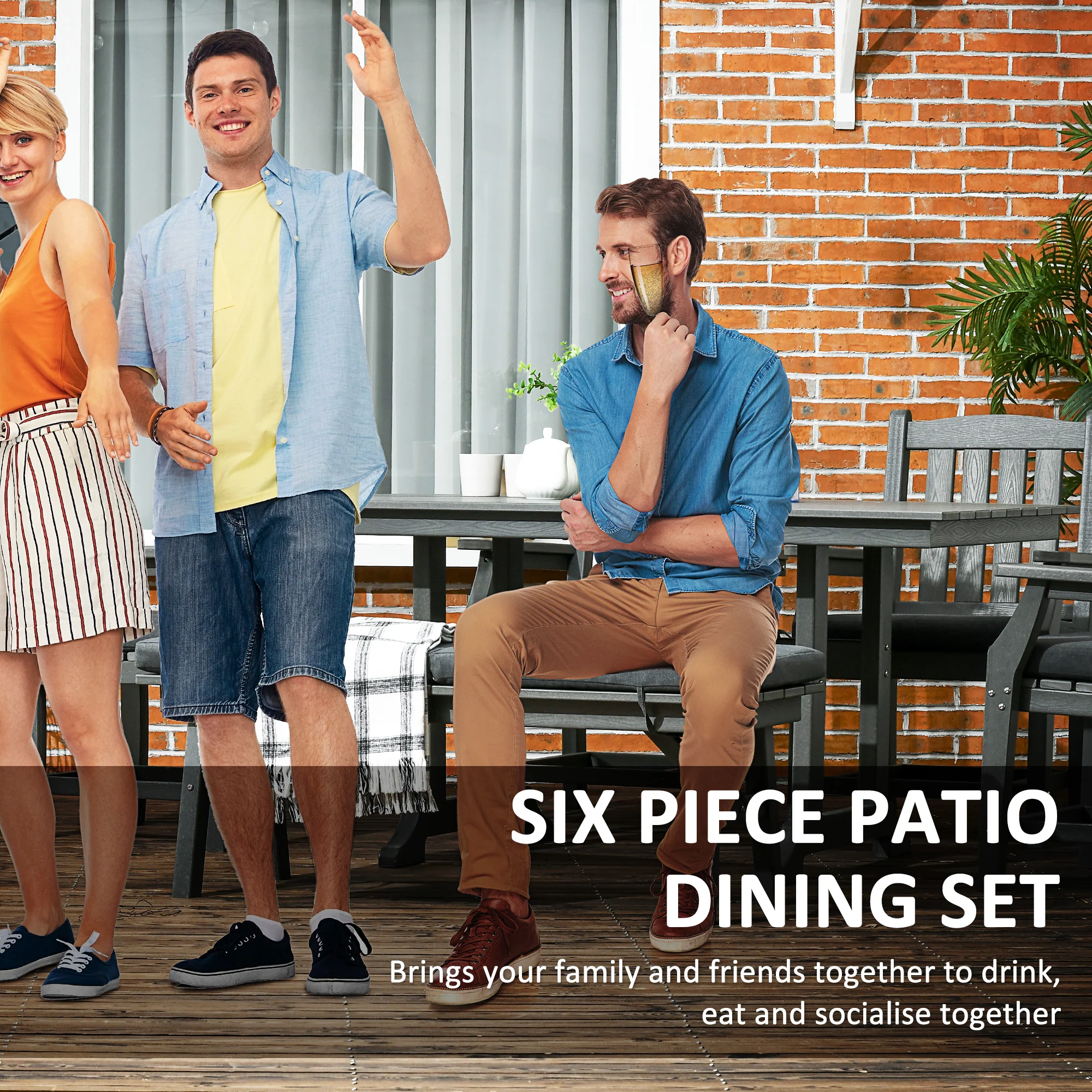 6-Seater Outdoor Dining Set with Loveseat, Umbrella Hole & Cushioned Seating, Dark Gray - Image 6
