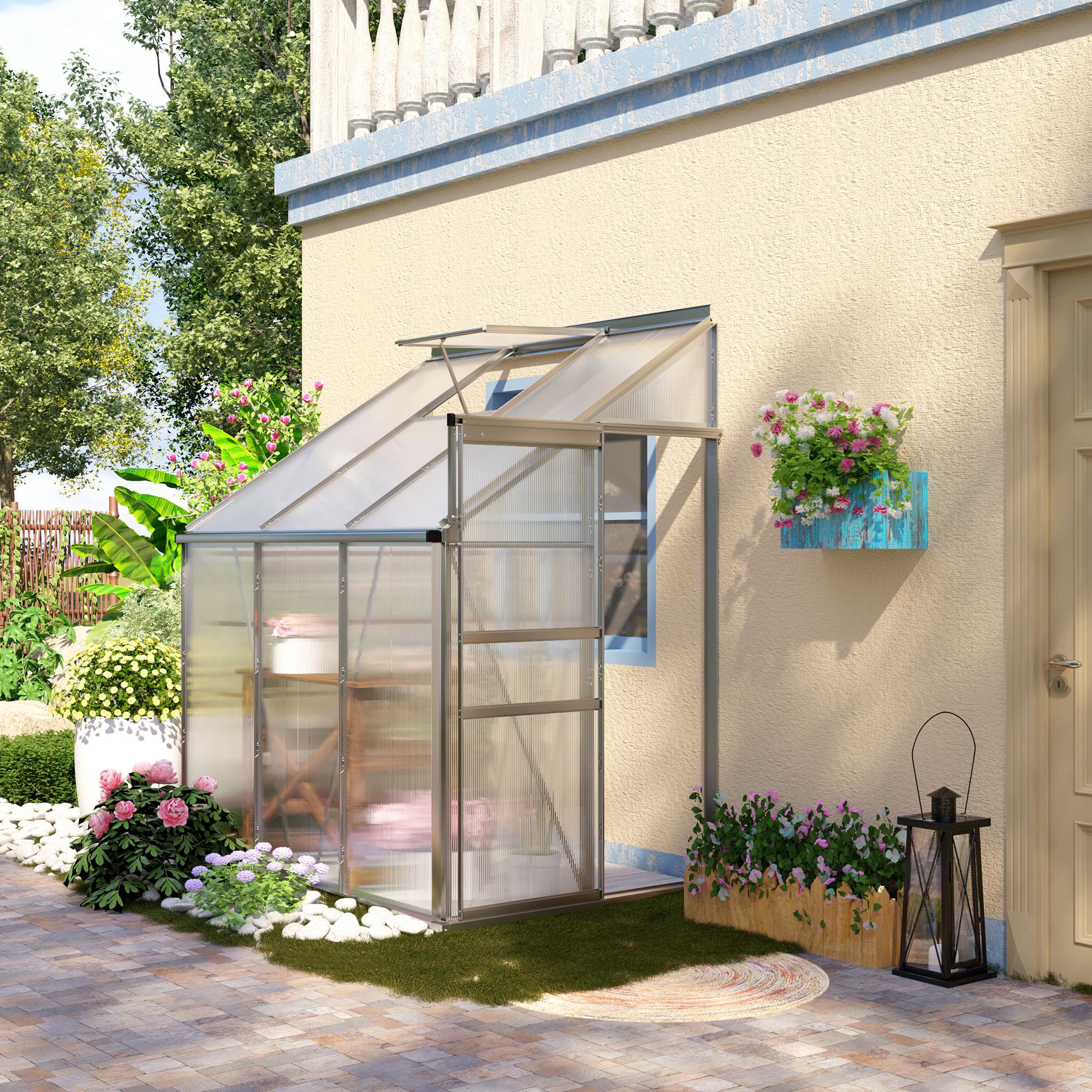 6' x 4' Aluminum Lean-to Greenhouse with Roof Vent, Rain Gutter and Sliding Door, Clear - Image 3